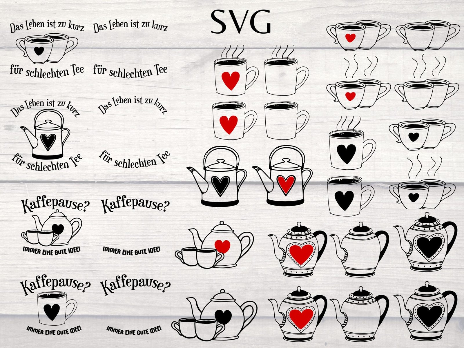 Freebie Teezeit 12 Herzliche Tassen mit Kaffeetassen, Teekannen und Kaffeepausen, kreative Kaffee-Designs.