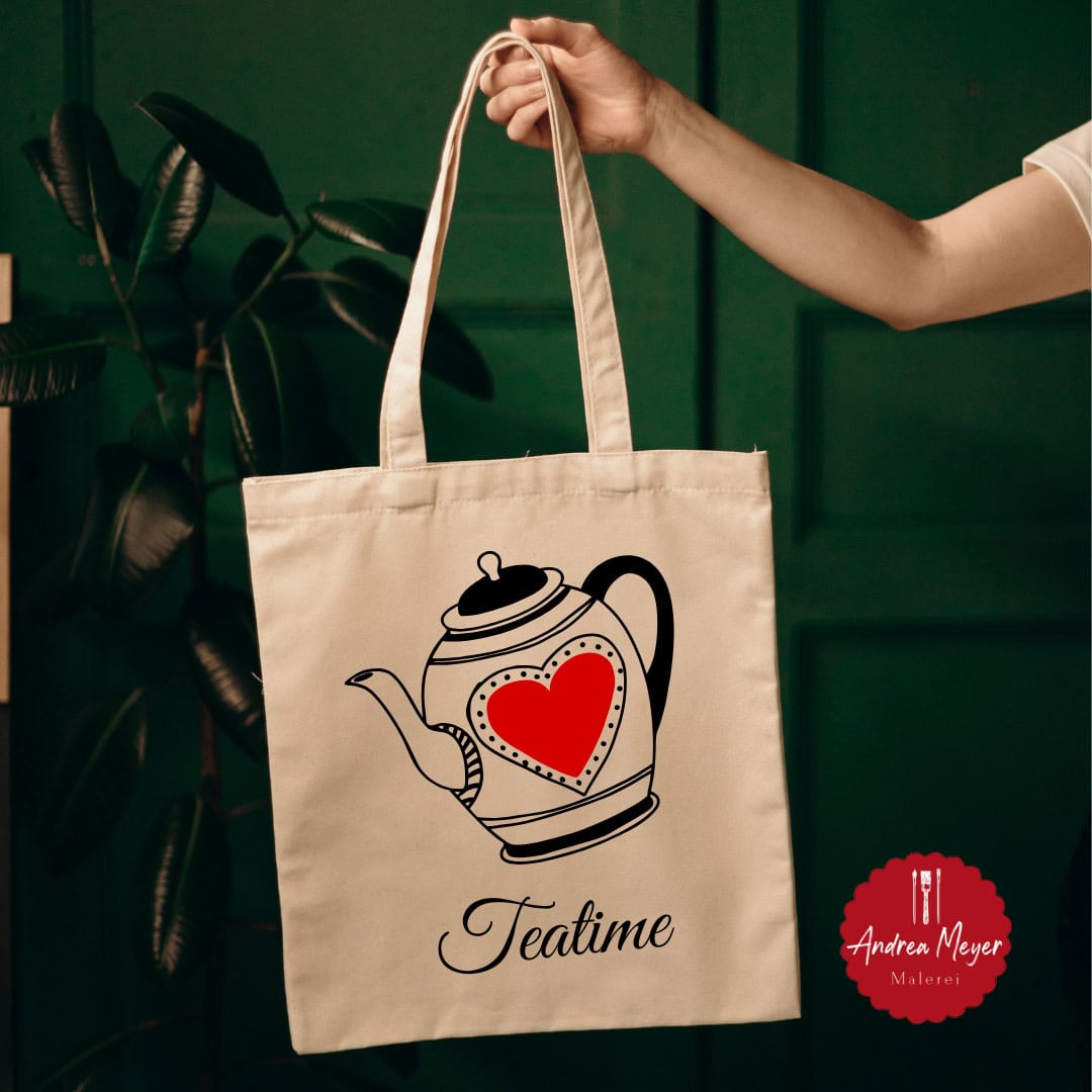 Kaffee oder Tee? Egal, Haupsache selbstgemacht! 3 Bedruckte Stofftasche mit Teekessel und Herzen, handgemalte Illustration, Andrea Meyer Malerei.