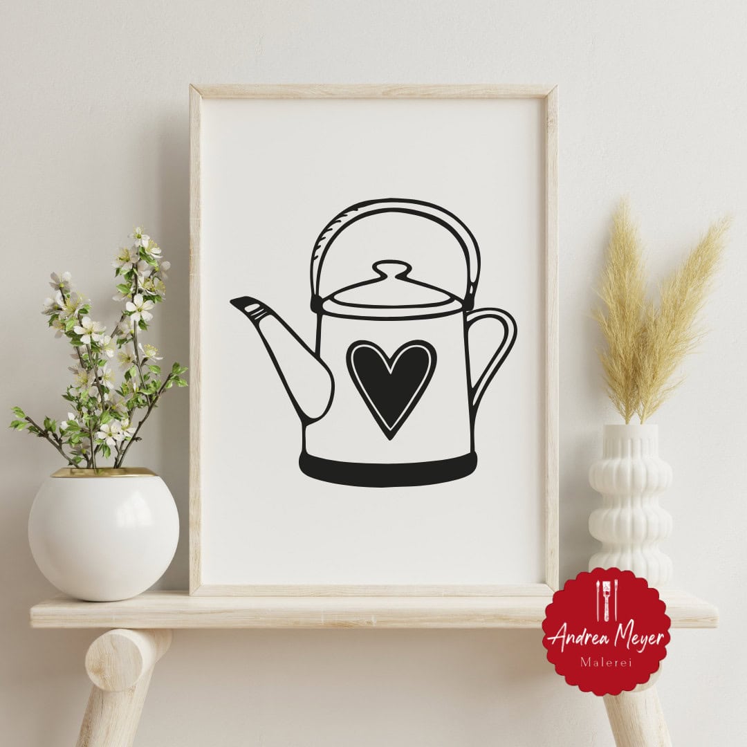 Kaffee oder Tee? Egal, Haupsache selbstgemacht! 7 Teekanne mit Herz Illustration in modernem Schwarz-Weiß-Stil.
