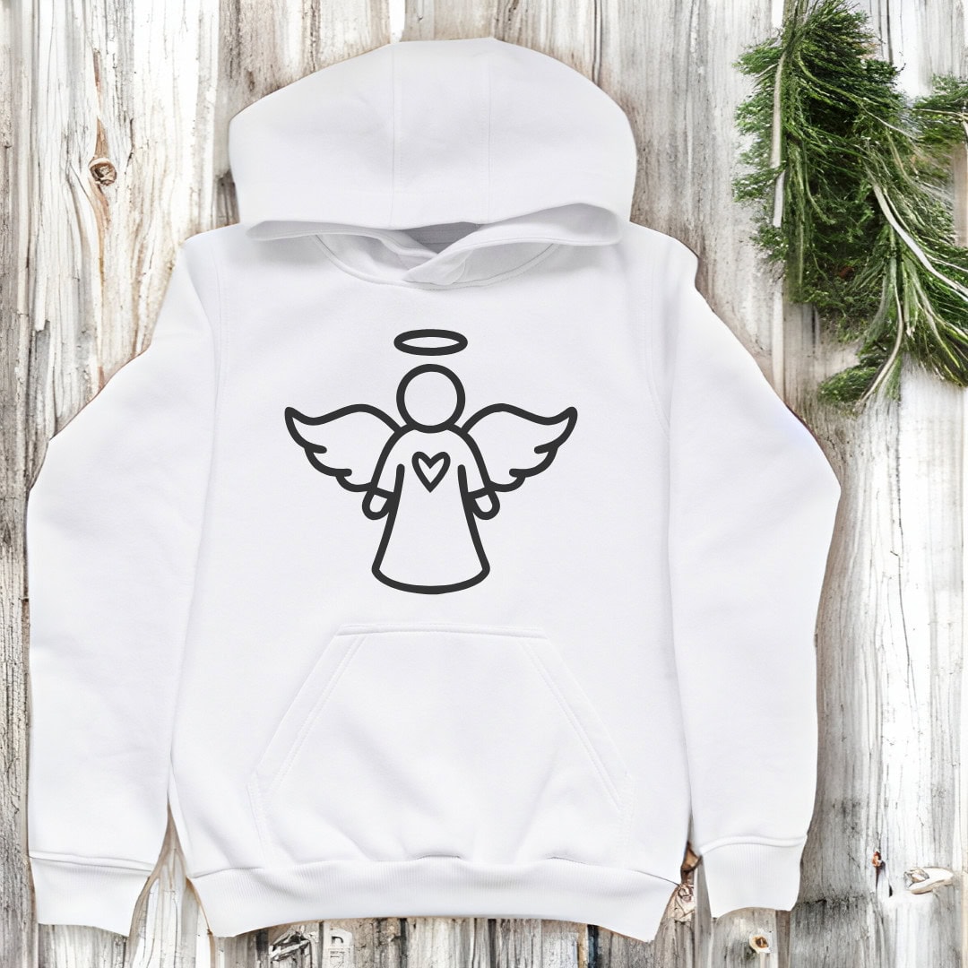 Zauberhafte Engel für deine Plotter-Projekte – Ideen & Inspiration 9 Engel Hoodie mit Herzmotiv, handgemachte Textilkunst, aktuelles Kunstwerk von Andrea Meyer.