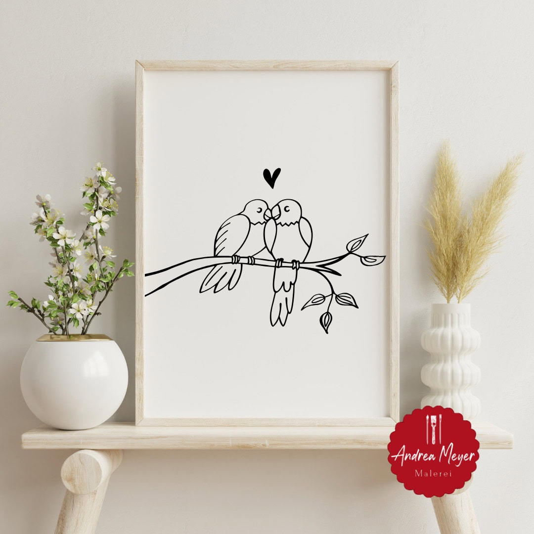 Valentinstag zum Selbermachen: Kreative Plotterideen mit tierischen Motiven 7 Animierte Illustration von verliebten Vögeln auf Ast, hochwertiges Kunstwerk, Dekoration.