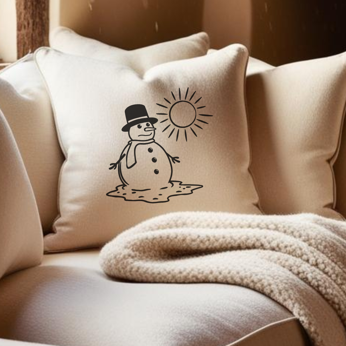 Suchst du nach Wintermotiven mit Charme? Diese Schneemänner werden Herzen schmelzen! ❄️ 6 Gemütliches Kissen mit Schneemann Illustration, kuschelweiches Sofa, festliche Dekoration.