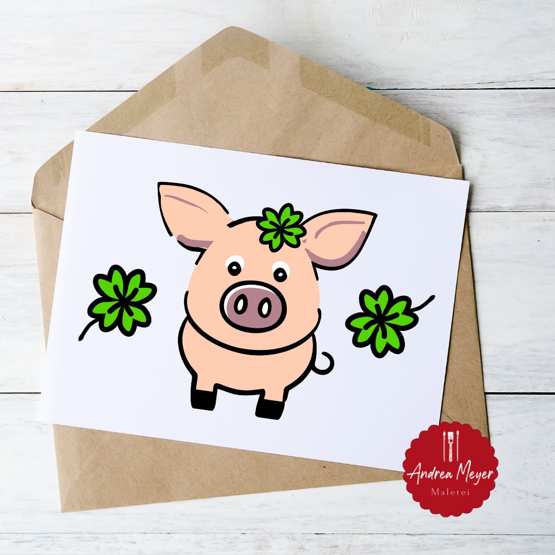 Glücksbringer zum Plotten: Meine neue Schweinchen-Plotterdatei ist da! 4 Hirschgesicht mit vierblättrigem Klee cartoonartig auf weißer Karte.
