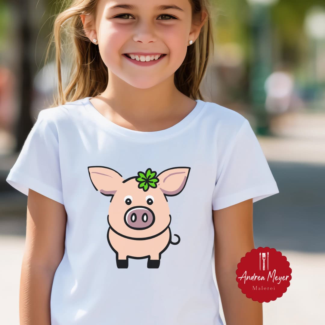 Glücksbringer zum Plotten: Meine neue Schweinchen-Plotterdatei ist da! 3 Hübsches Mädchen trägt T-Shirt mit Schwein-Motiv, Kindermode, Tiermotiv.