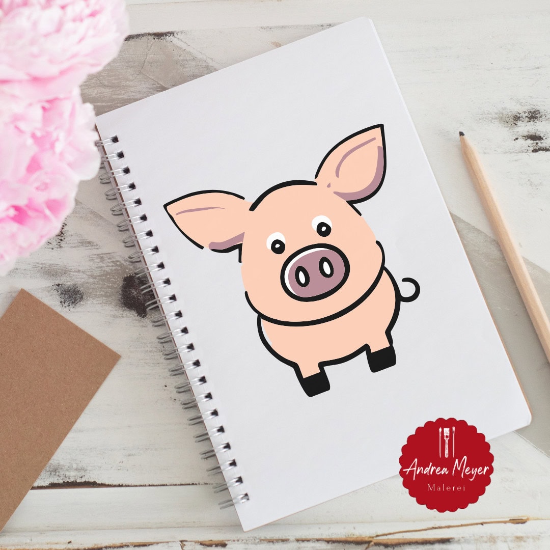 Glücksbringer zum Plotten: Meine neue Schweinchen-Plotterdatei ist da! 12 Hübsches Schweinemotiv auf Zeichenblock, handgemalte Tierbilder, Kinderkunst, Andrea Meyer Malerei.