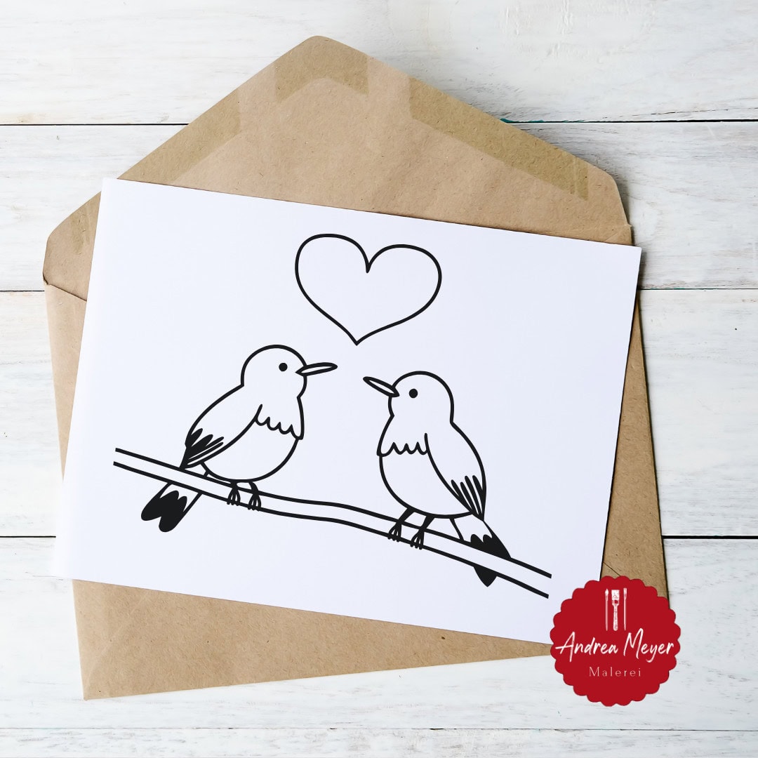 Valentinstag zum Selbermachen: Kreative Plotterideen mit tierischen Motiven 5 Zweivögel-malerei-liebe-zeichnung,handgezeichnetes-paar-vögel-herz,Andrea Meyer Malerei, moderne Tierkunst und Liebesmotiv, Relevanz für Vogelmalerei und moderne Kunst.