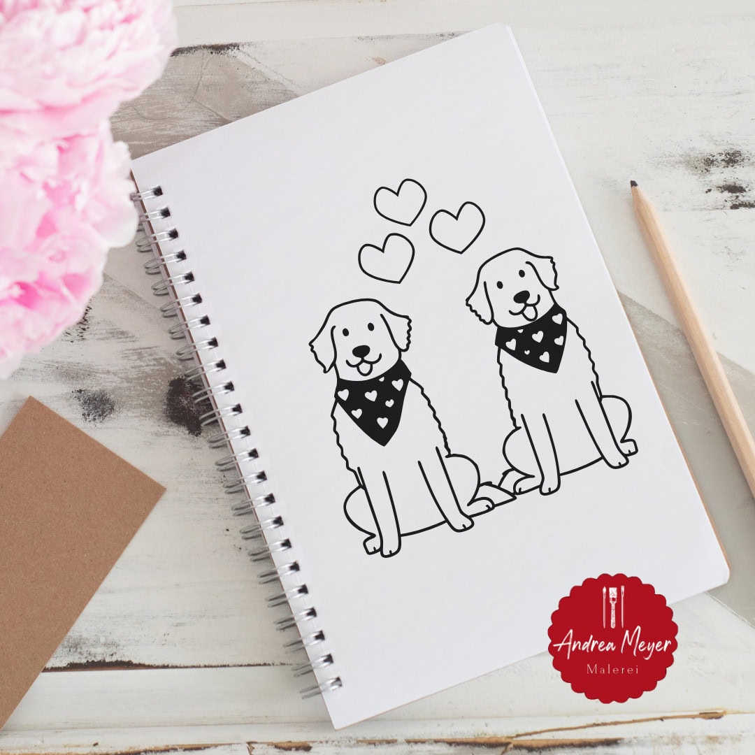 Valentinstag zum Selbermachen: Kreative Plotterideen mit tierischen Motiven 9 Hunde Liebe Malerei, schwarze und weiße Hunde mit Herz, Kinderzeichnung, Andrea Meyer.