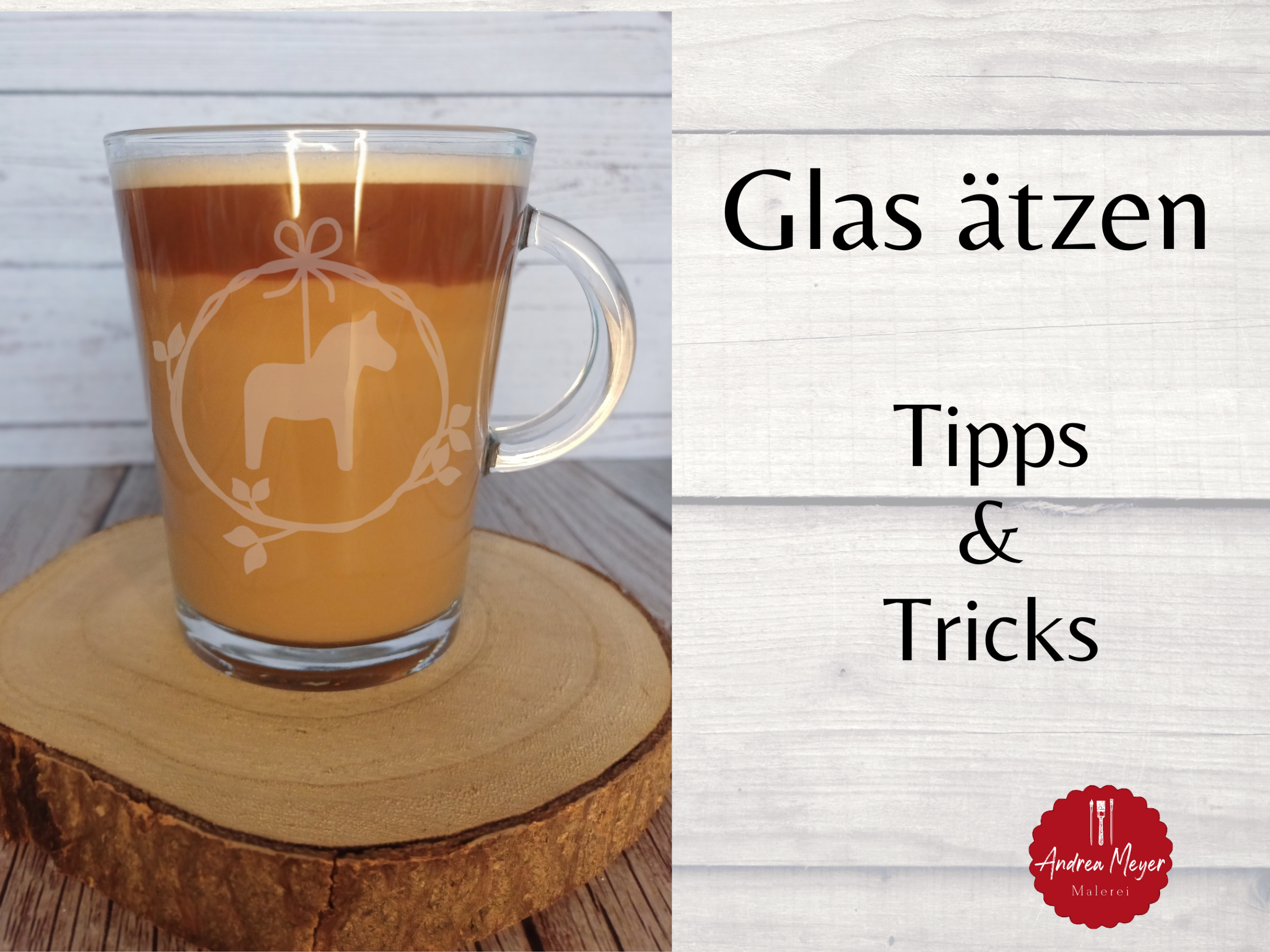Glas ätzen mit Vinylschablone: Schritt-für-Schritt-Anleitung & Inspiration 1 Kaffeebecker aus Glas mit Dalapferd verziert. Gals ätzen mit einer Schablone aus Vinyl, die mit dem Plotter geschnitten wurde. Dazu kann ein Plotter von Cricut oder Silhouette zum plotten genutzt werden. Die Ätzpaste wird auf die Viynlschablone aufgetregen.