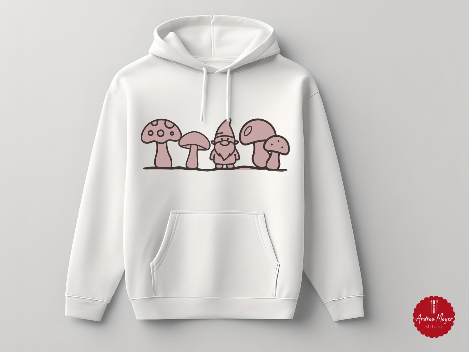 10 kreative DIY-Projekte mit nur einer Plotterdatei 11 Malerische Pilz-Designs auf weißem Hoodie, handgemalte Kunst von Andrea Meyer.