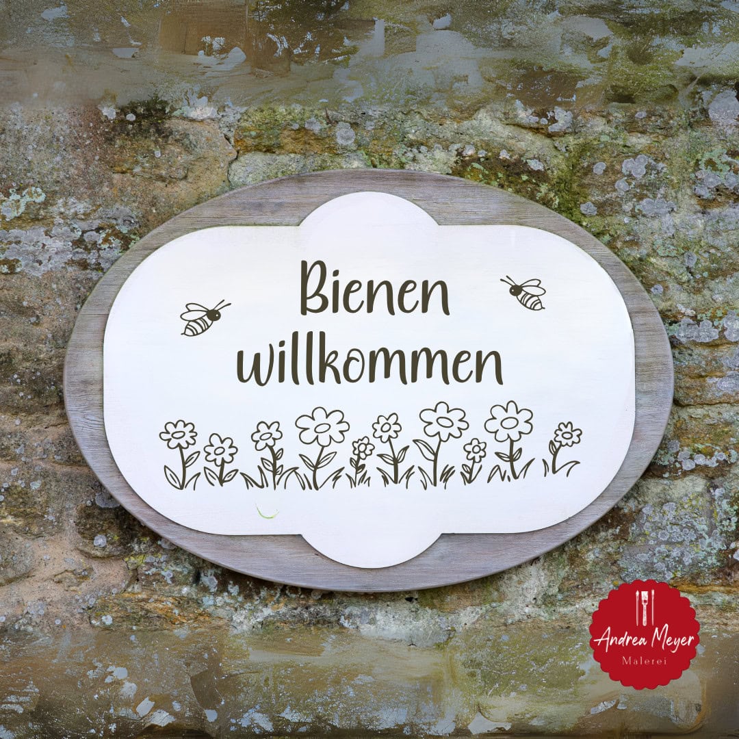DIY Gartenschild – „Bienen willkommen“ 8 Schild mit der Aufschrift Bienen willkommen.