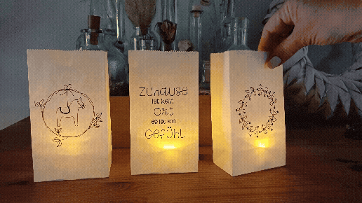 Plotter-Tipp: So zeichnest du dein Motiv garantiert mittig auf dein Projekt + Freebie! 12 Andrea präsentiert die fertigen Laternen und verweist auf das kostenlose Freebie und weitere Motive