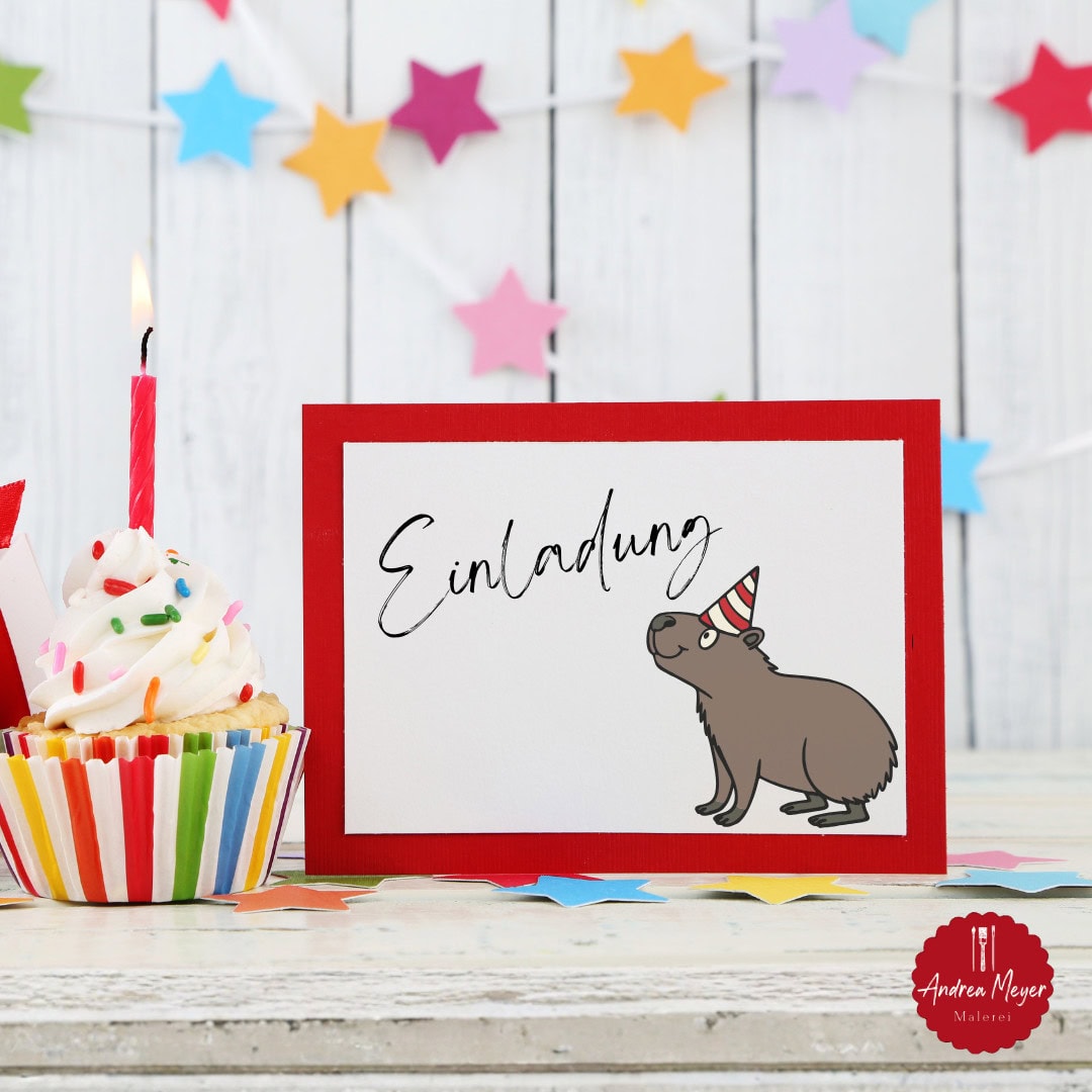 Partybaras – die vielseitigste Plotterdatei für alle, die gute Laune lieben! 6 Lade mit Stil ein! Diese Capybara mit Partyhut ist das perfekte Plottermotiv für Geburtstagseinladungen und Deko. Ideal für Cricut & Silhouette.