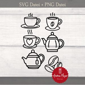 SVG + PNG Datei ‚Kaffee oder Tee‘ Kafeekanne, Teekanne, Kaffetasse, Teetasse, Kanne, Tasse, Kaffee, Kaffeebohnen Plotterdatei – Plotter File