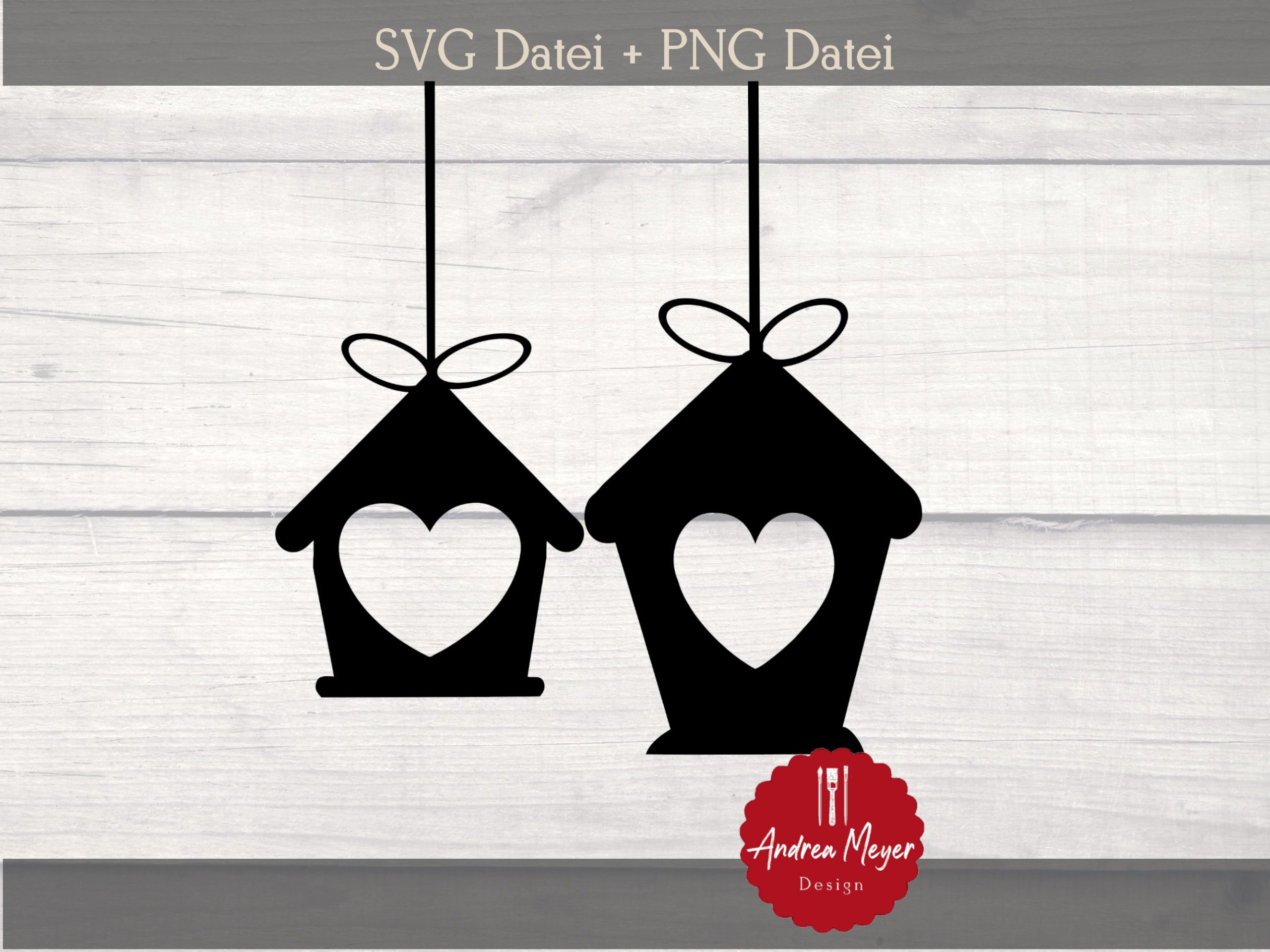SVG + PNG Datei Vogelhaus -Vogelhäuschen - Haus -Herz Plotterdatei - Plotter File 3 Schwarz-weiße dekorative Vogelhäuschen mit Herzmotiven und Bändern.