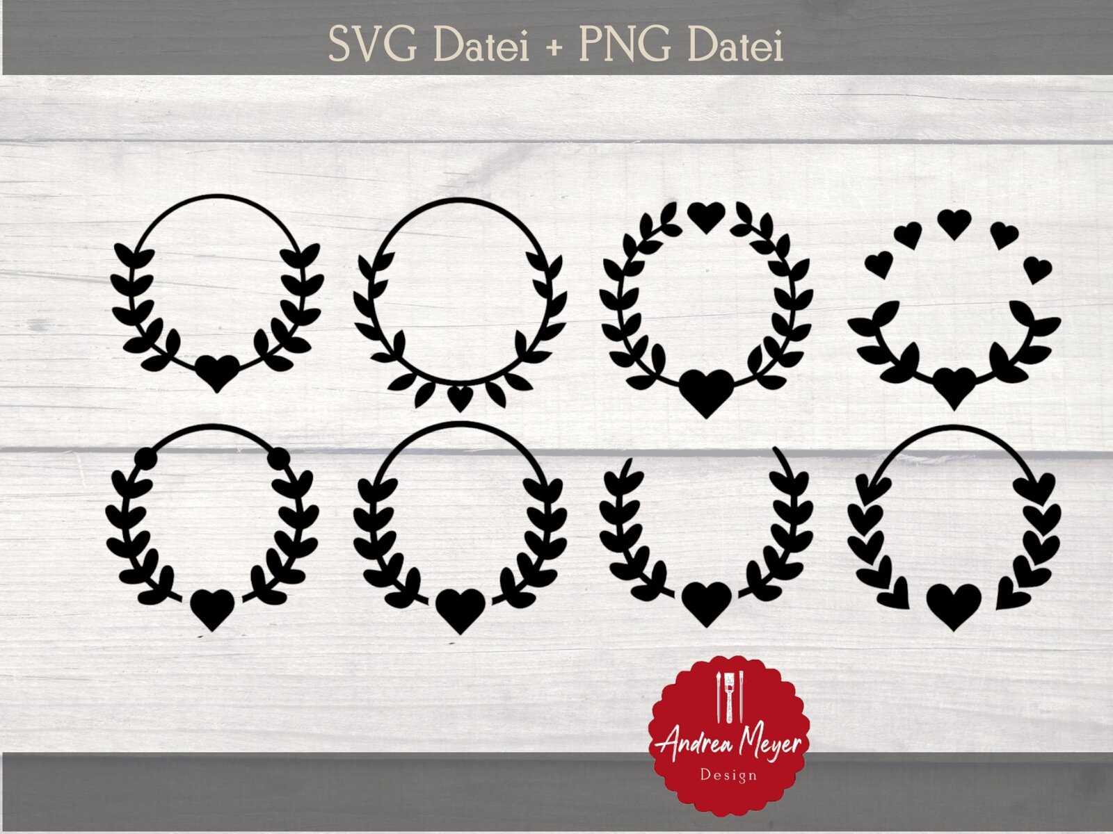 SVG + PNG Datei Kranz Kränze Herz Blätter Plotterdatei - Plotter File 2 Handgezeichnete Herzkränze, romantische Dekoration, svg und png Dateien, Andrea Meyer Malerei.