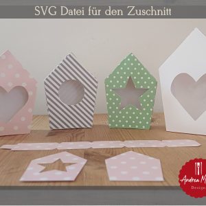 SVG Datei mit Schnittmuster zum Basteln von Häusern aus Pappe – Stern, Kreis, Herz –  Plotterdatei – Plotter File Vogelhäuschen, Vorlage