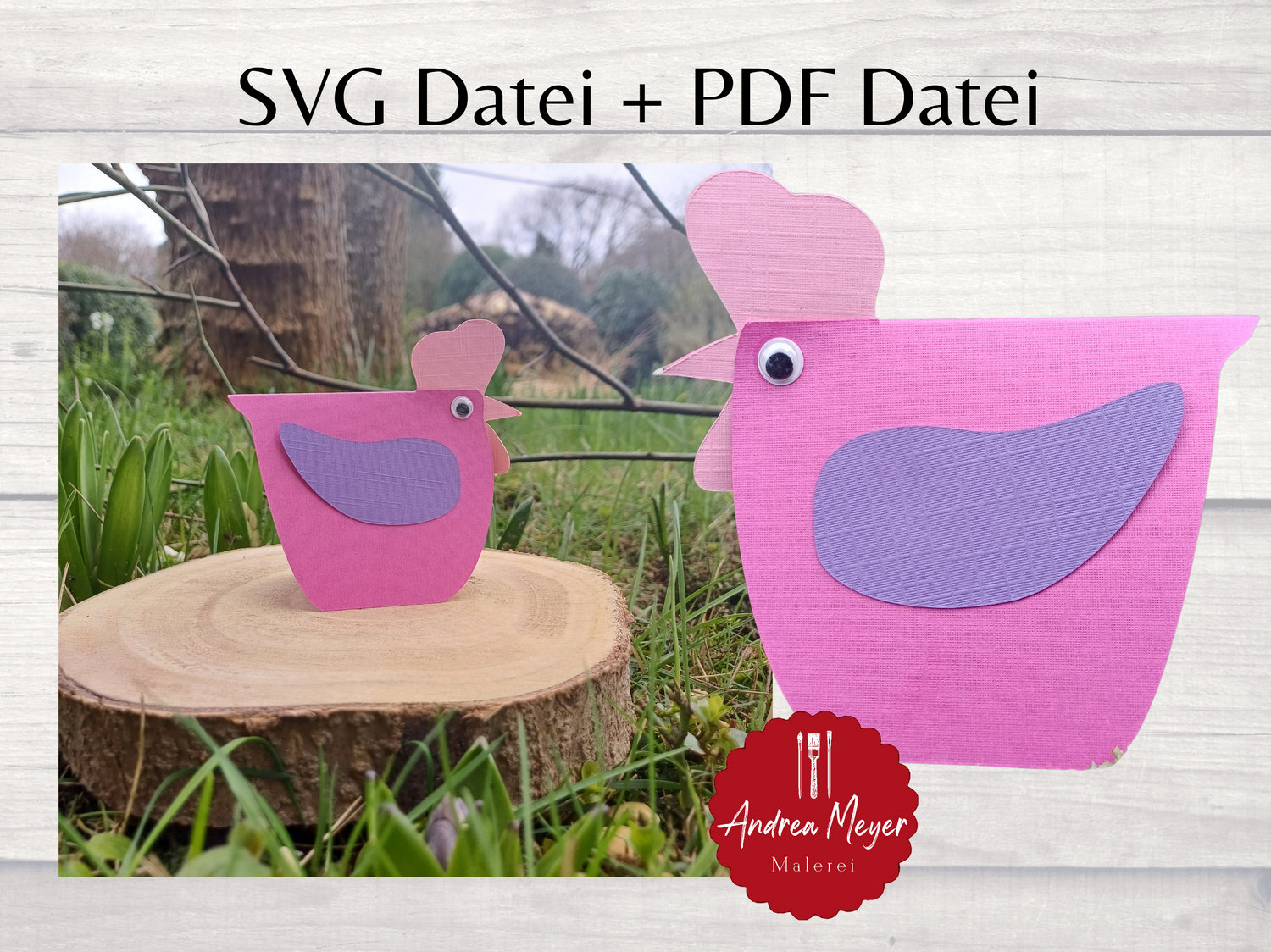 SVG + PDF Datei mit Schnittmuster zum Basteln von Hühnern aus Pappe - Huhn - Plotterdatei - Plotter File Huhn, Vorlage 3 Bunte Vogelkörper aus Papier als Dekoration im Garten.