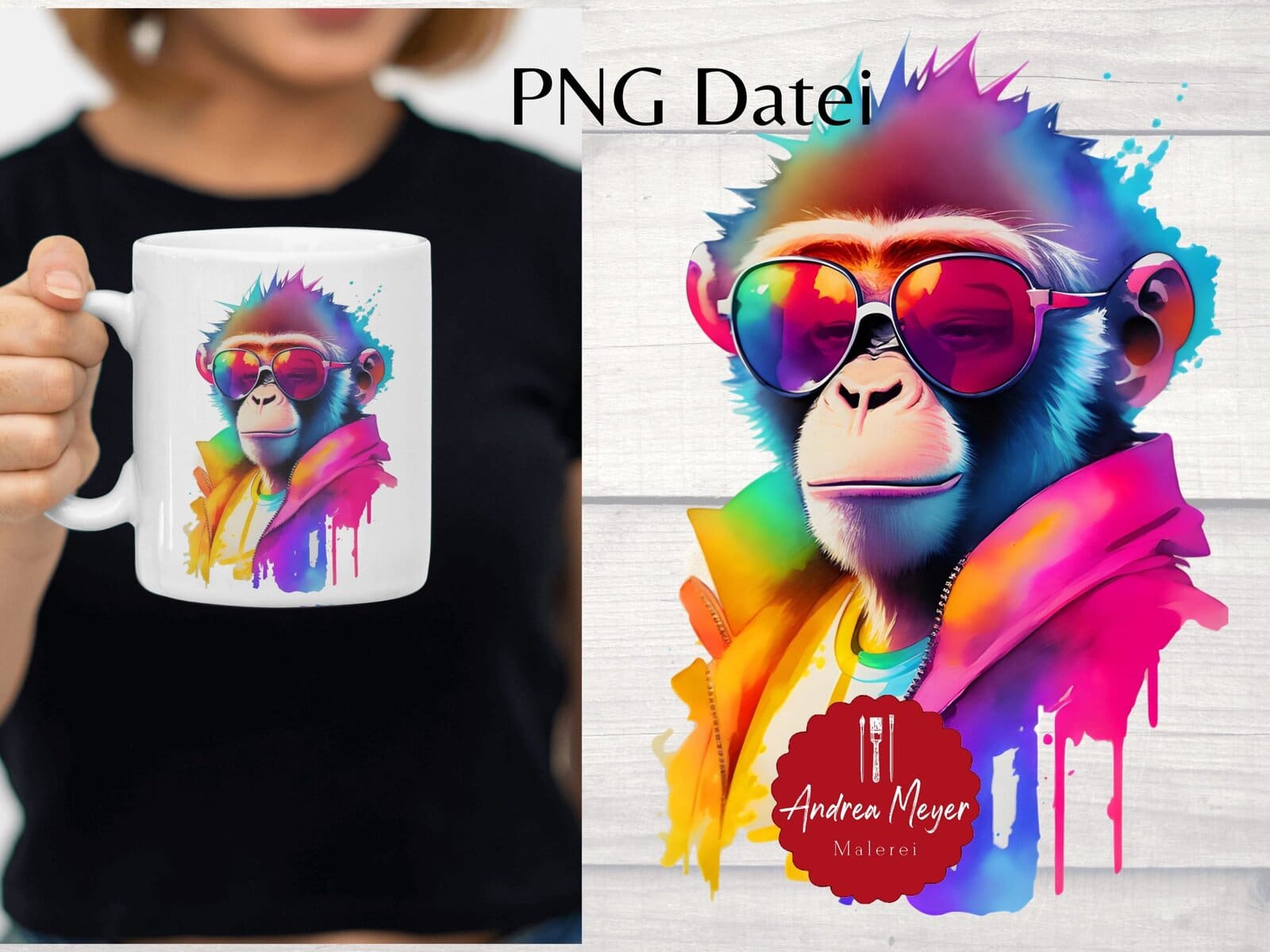 PNG Datei Affe Sublimation Sublimationsdesign 3 Farbenfrohe Affe Kunstdruck, modern, abstrakt, pop art, bunte Farbgestaltung.