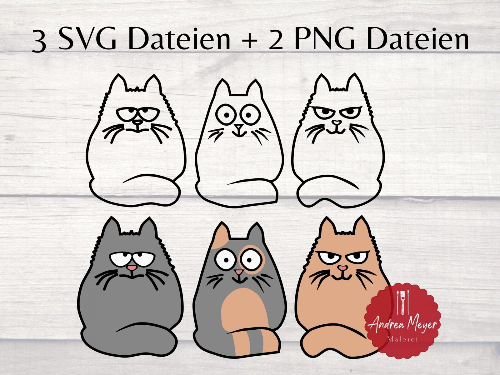 3 SVG + 2 PNG Dateien Katzen Plotterdatei - Single Line -Plotter File -Sublimation - Sticker 3 Verspielte Katzenillustration in SVG und PNG für kreative Designs.