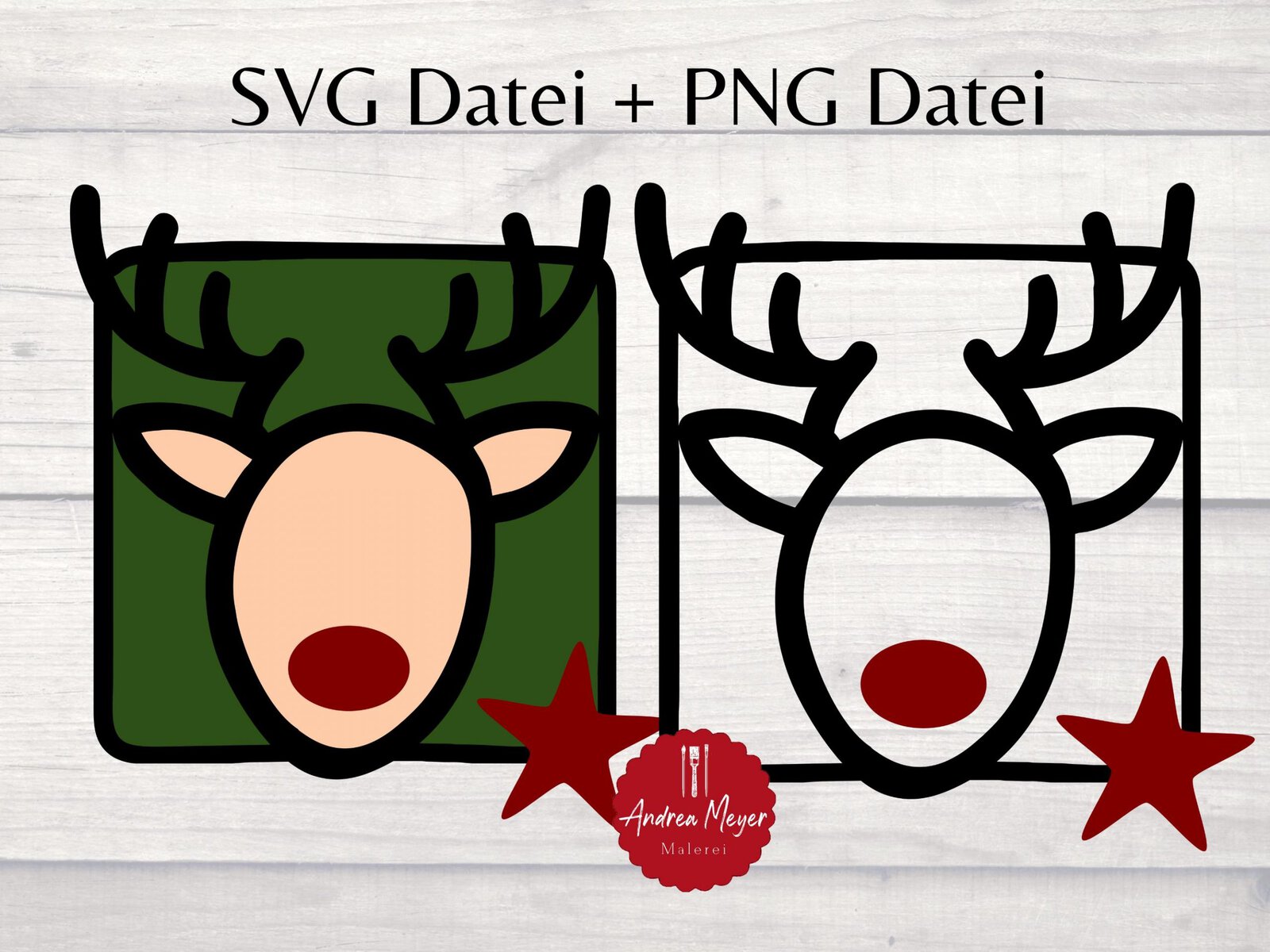 2 SVG + 2 PNG Dateien Rentier mit roter Nase Weihnachten Plotterdatei - Plotter File 3 Fröhliches Rentier Weihnachtsdeko, minimalistischer Weihnachtsbaumschmuck.