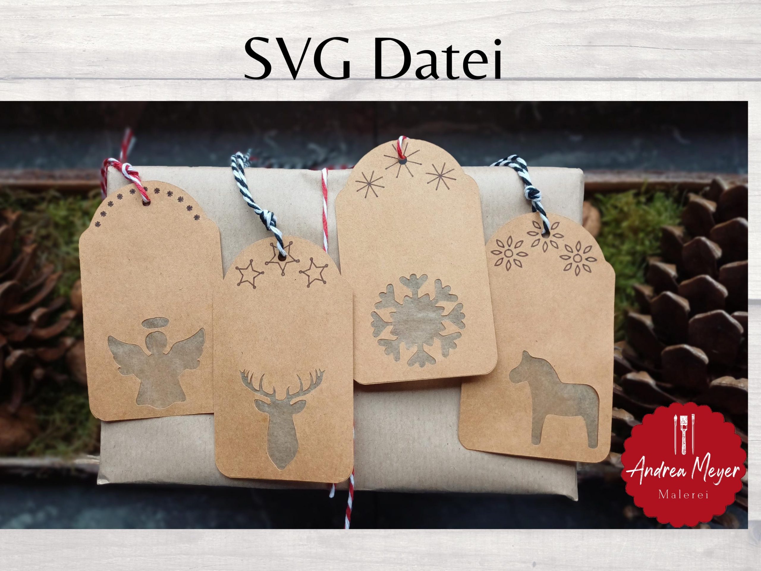 SVG Datei mit Schnittmuster zum Basteln von Geschenkanhängern - Geschenkanhänger - Anhänger - Plotterdatei - Plotter File 3 Weihnachtliche Geschenkverpackung mit handgemachten Kraftpapier-Tags für Weihnachten.