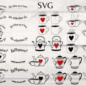 Kaffee & Tee SVG Bundle, Plotterdatei Sprüche Küche, Kaffeepause SVG Set, Tea Time SVG, Cricut Silhouette Datei, Herz Tasse Svg