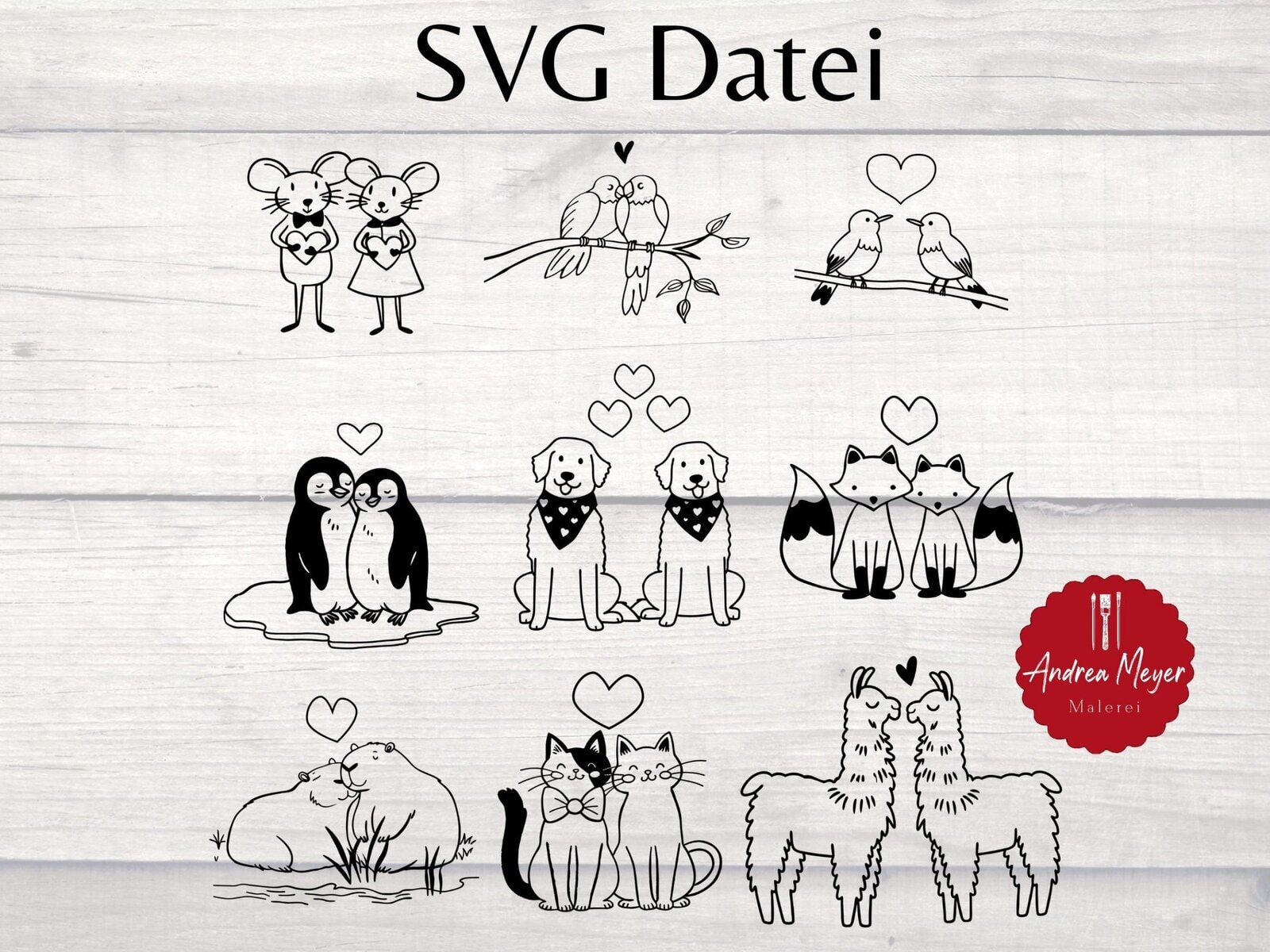 SVG Valentinstag Liebe Hund Katze Capybara Maus Lama Vogel Papagei Pinguin Fuchs Plotterdatei - Plotter File 3 Verspielte Tierillustrationen, handgezeichnete Malerei, liebevolle Tiermotive, Kunstwerke Andrea Meyer.