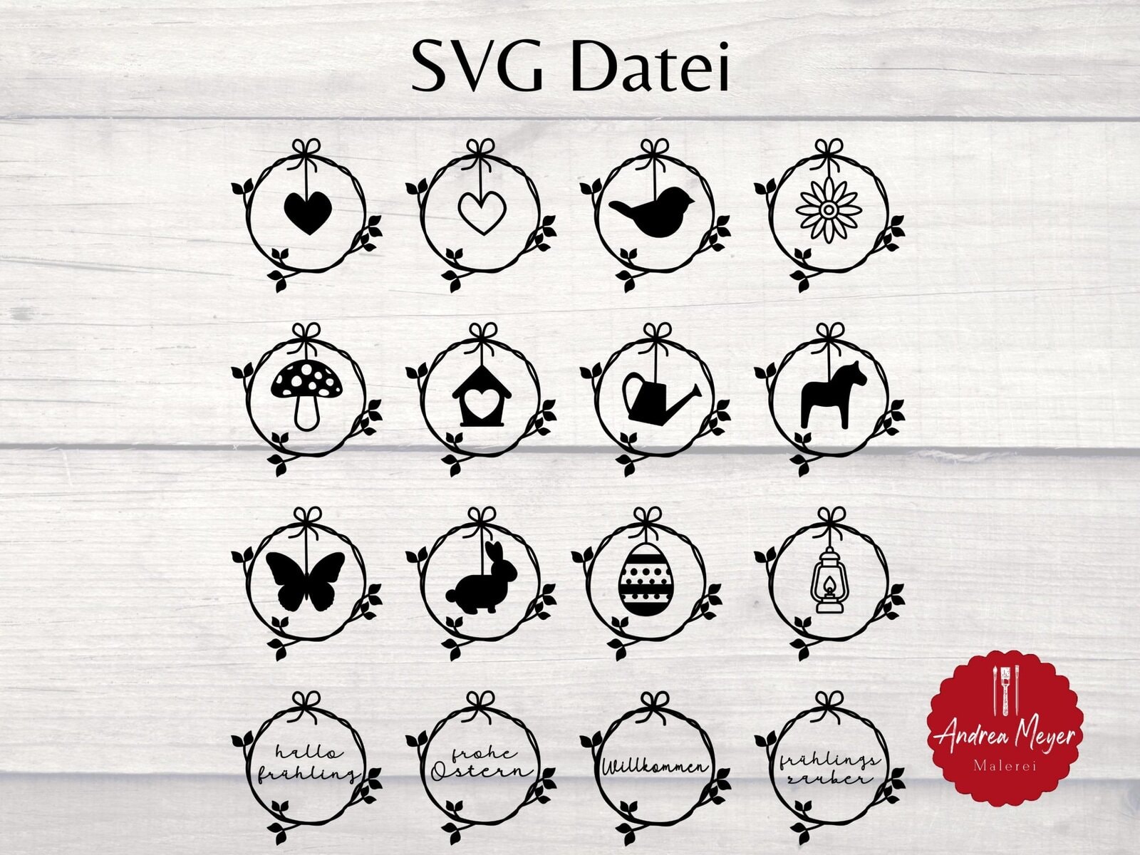 Frühlingskranz Plotterdatei SVG, Oster Anhänger Set, Frühling Deko SVG, Blumenkranz Datei, Cricut Silhouette, DIY Geschenkidee 2 Stilvolle Malerei mit Naturelementen, Botanischen Motiven und Frühlingssymbolen.