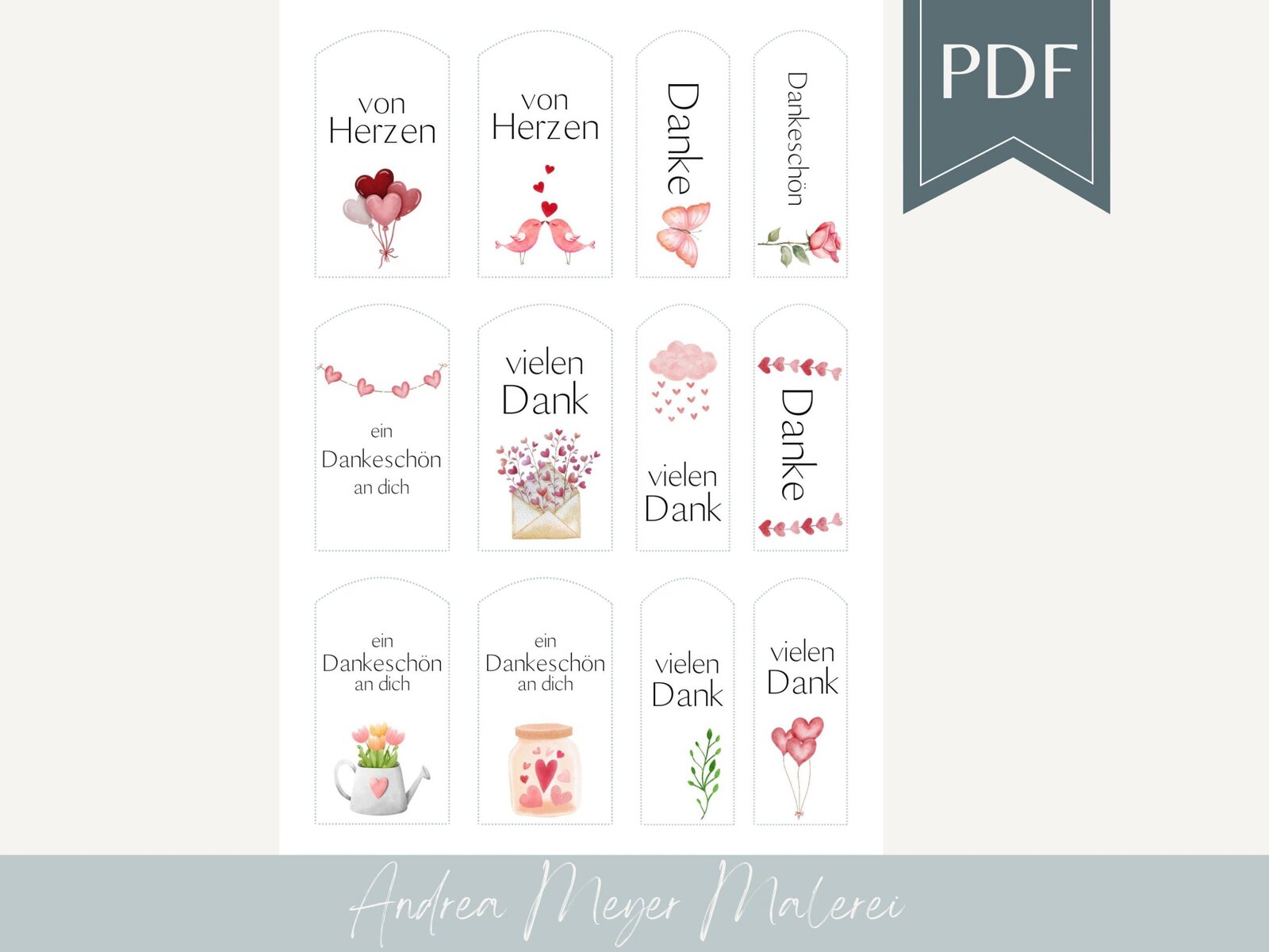 PDF Danke Anhänger - digitale Datei zum sofort Download - Etiketten Geschenkanhänger Papieranhänger Dankeschön von Herzen 1 Herzballons mit Blumenmuster und Dankessprüche, handgemalte Aquarellkunst, Andrea Meyer.