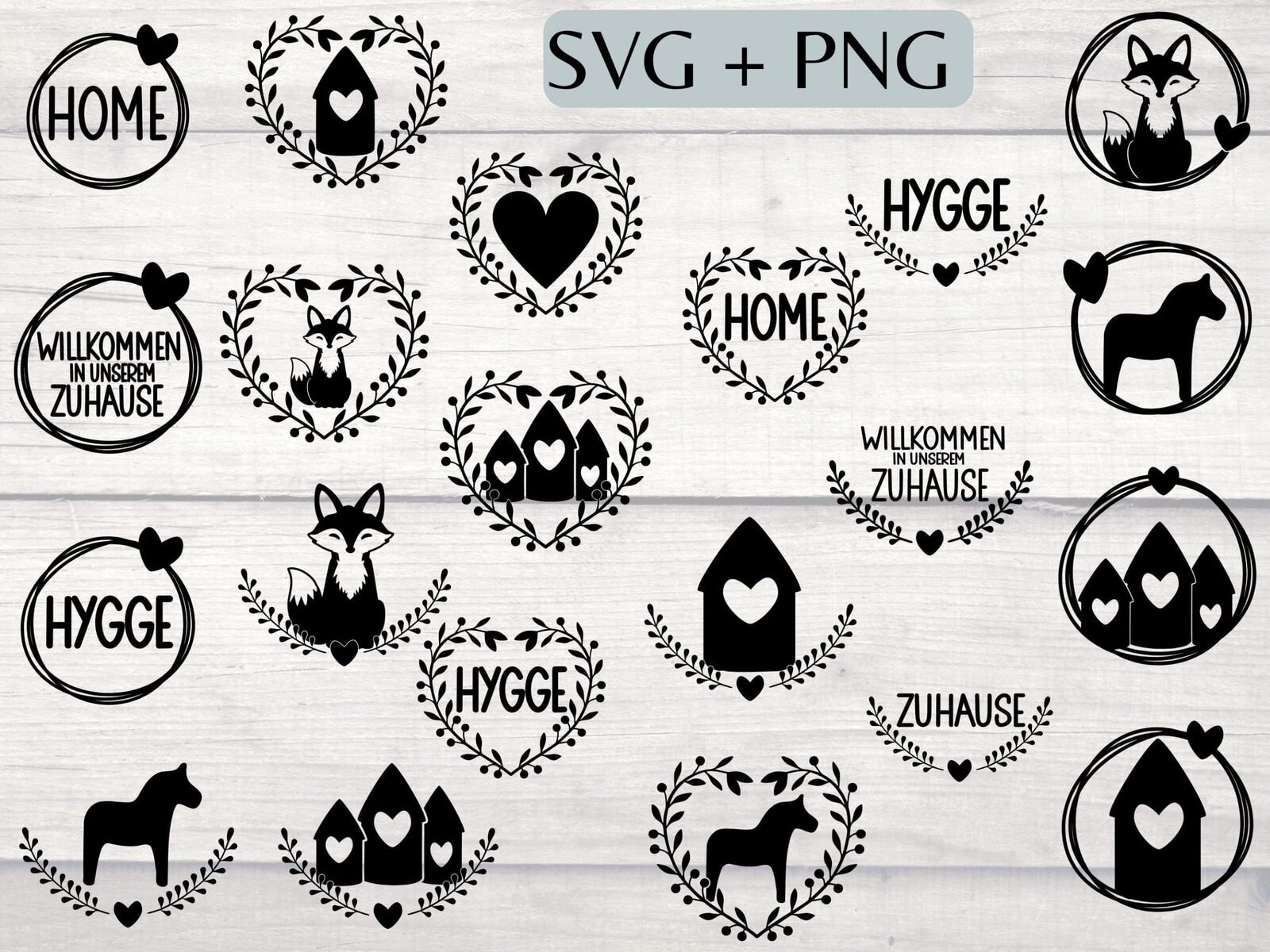 SVG Plotterdatei Bundle Skandi Stil | Dala Pferd Fuchs Haus Herz | DIY Skandinavisch Hygge Plotten | Skandinavische Plotterdateien 1 Schwarz-weiße Silhouetten von Tieren und Sprüchen für Bastel- und Handwerksprojekte.