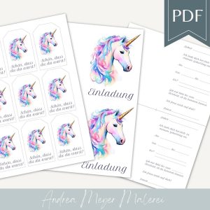 Einhorn Einladung Kindergeburtstag + Anhänger | PDF zum Ausdrucken | Pastell Deko für Mädchen Geburtstag | Sofort-Download  | Gastgeschenk