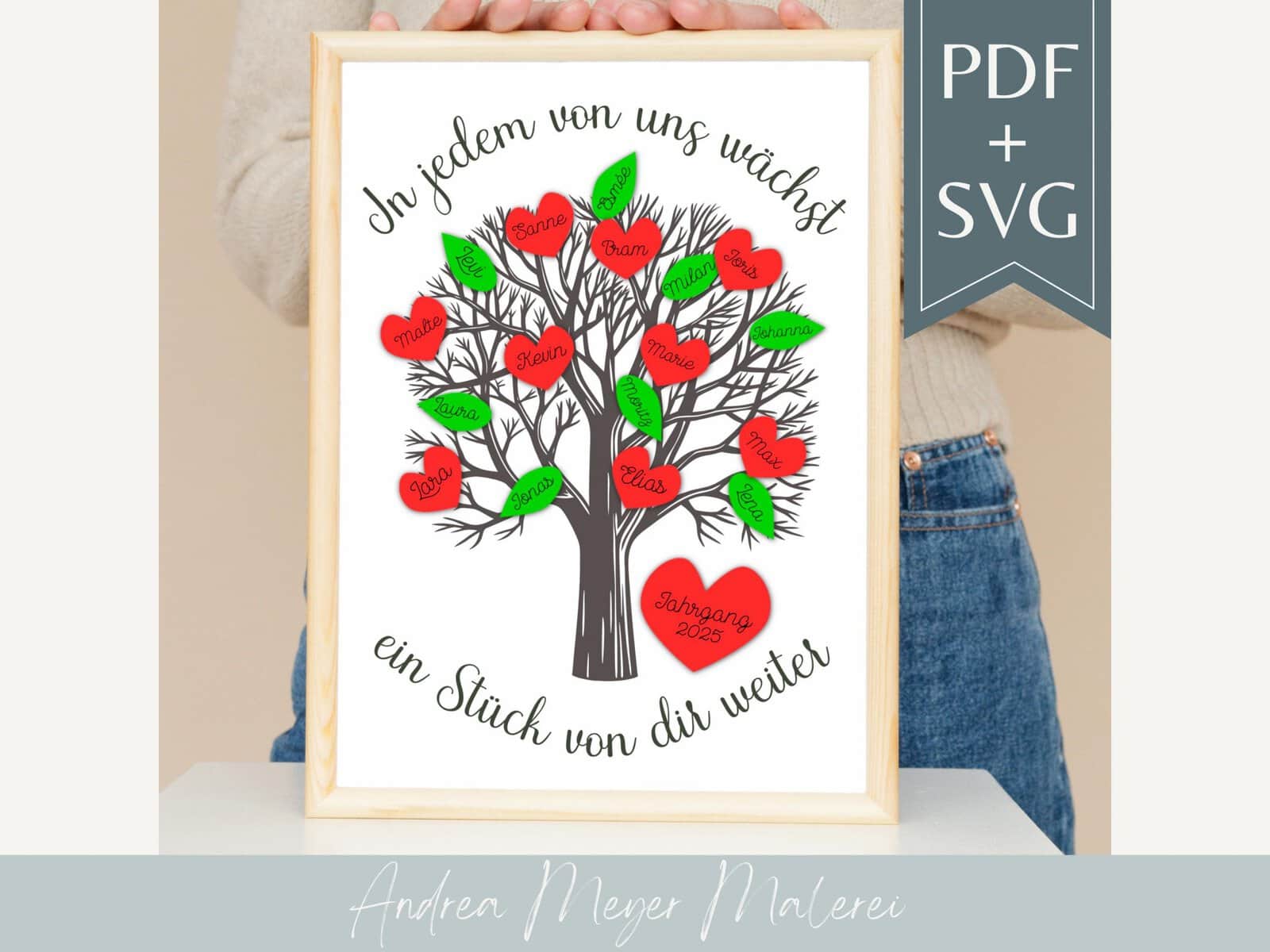 Erinnerungsbaum SVG & PDF – Abschiedsgeschenk für Erzieherin, Kindergarten DIY Plotter, Baum, Herzen + Blätter zum Ausdrucken oder Plotten 1 Lebendiges personalisiertes Baumkunstwerk mit Namensherzen, Wandbild für Familienplanung.