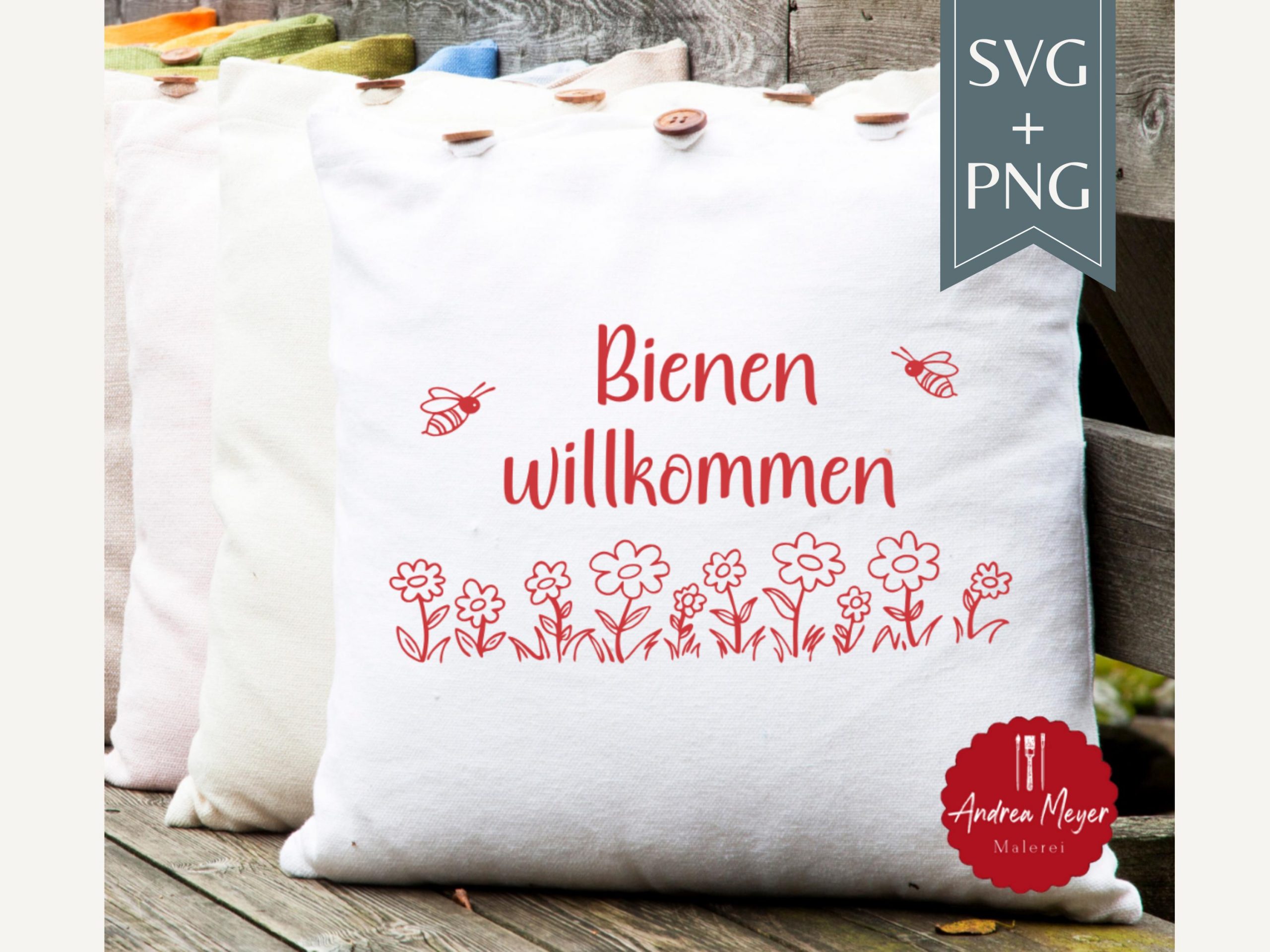 SVG + PNG Plotterdatei ‚Bienen willkommen‘ – Sommer Garten Deko, Türschild, Cricut Joy, Silhouette Cameo, DIY Geschenk 2 Bienen Willkommen Kissen mit Blumenmotiv, Handgemachte Dekoration für Garten & Zuhause.