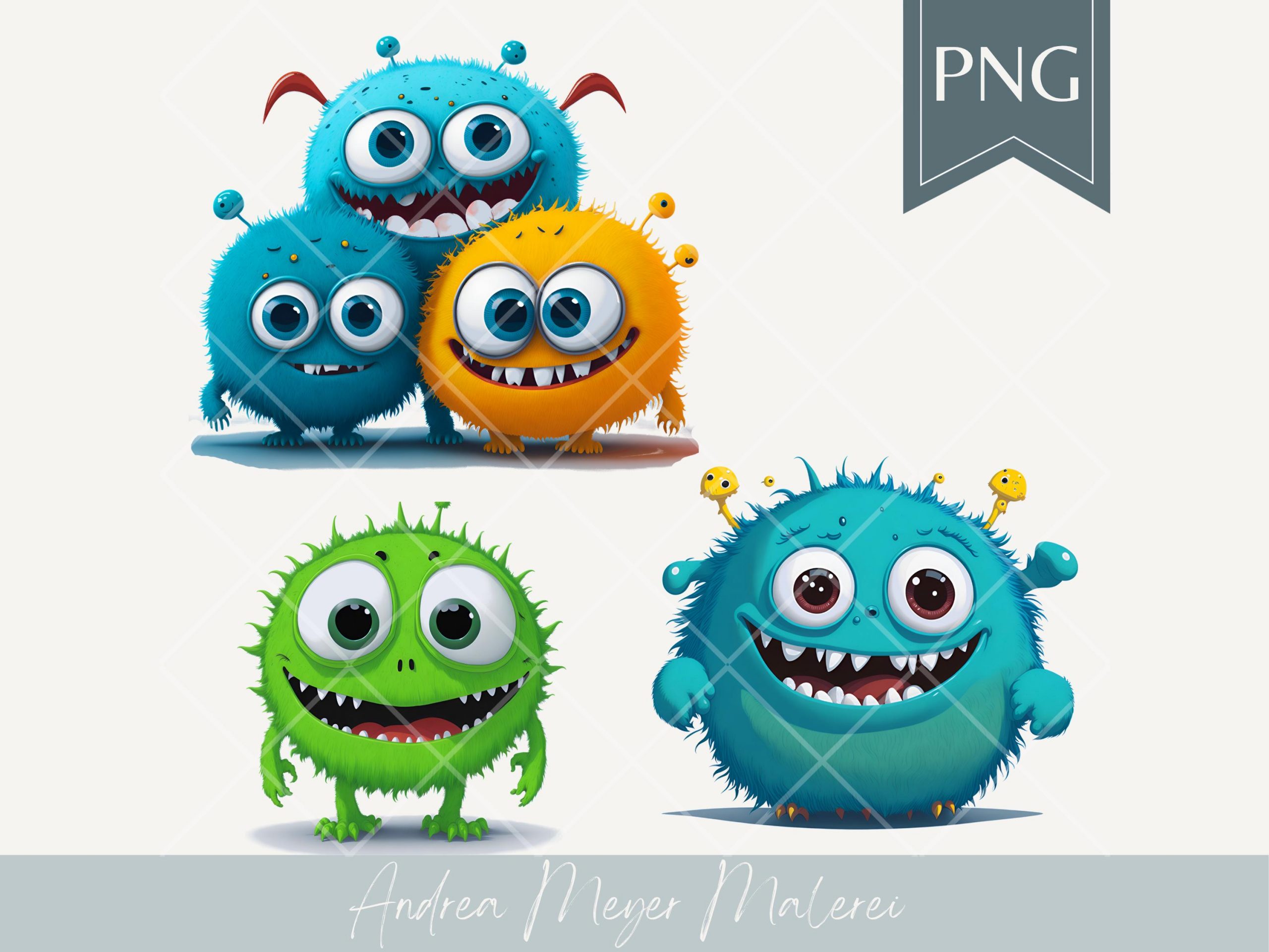 Monster PNG Bundle – Süße Cliparts für Kinder | Plotterdatei für Geburtstag, T-Shirt, Einladung & Deko 3 Bunte cartoon monster, flauschige liebenswerte Kreaturen, berschiedene Farben, in digitaler Illustration.
