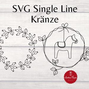 Single Line Plotterdateien Bundle – Hagebuttenkranz & Dalapferd Kranz – 2 filigrane Zeichnungen für Stift-Plotten – skandinavischer Stil SVG