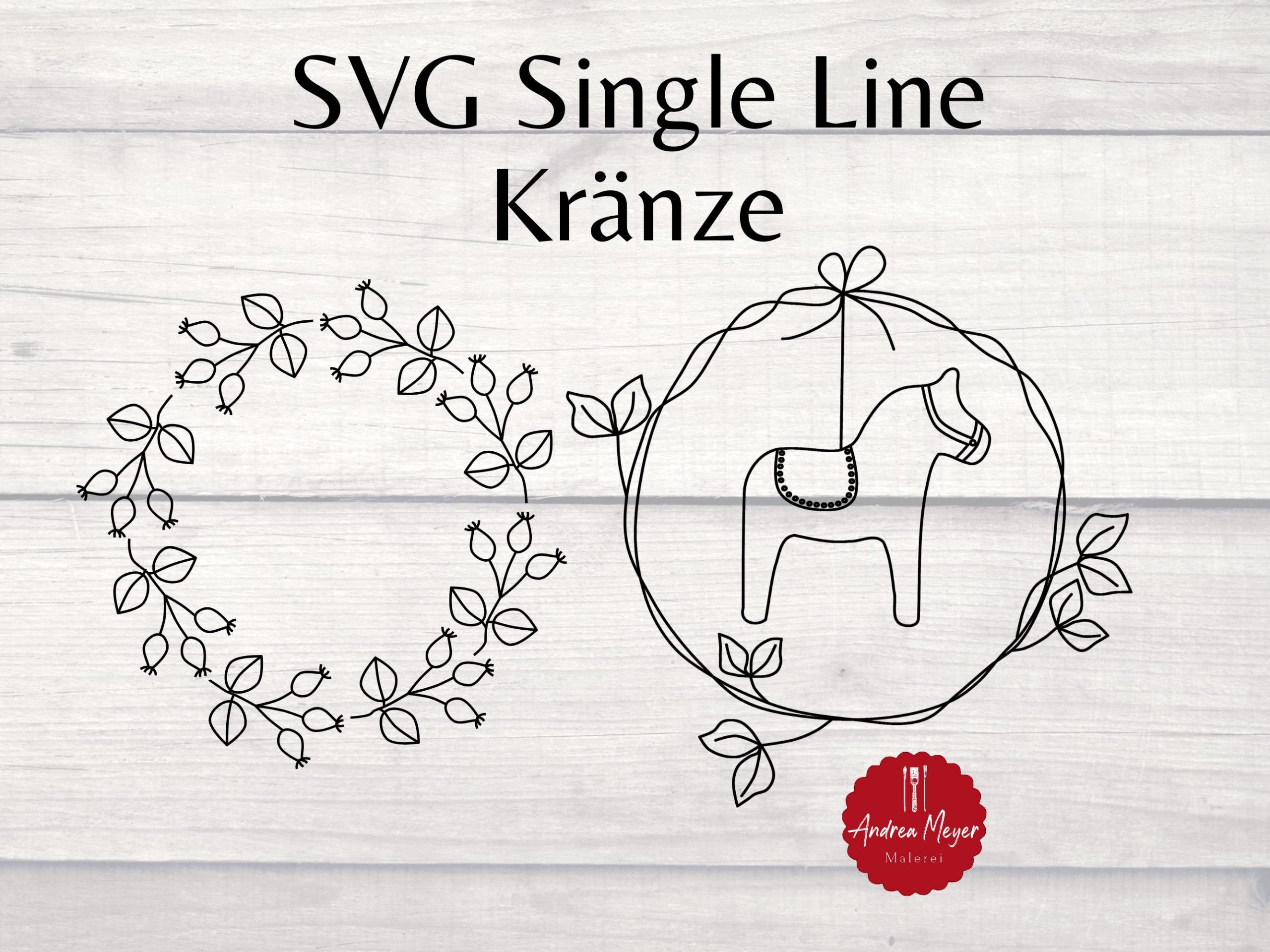 Single Line Plotterdateien Bundle – Hagebuttenkranz & Dalapferd Kranz – 2 filigrane Zeichnungen für Stift-Plotten – skandinavischer Stil SVG 1 Schwarz-weiße Kranzezeichnung, Illustrationskunst, Andrea Meyer Malerei, Handgezeichnete Kunst.
