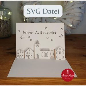 SVG Pop-up Weihnachtskarte mit Umschlag | Cricut & Silhouette | Plotterdatei Frohe Weihnachten Dorf mit Kirche