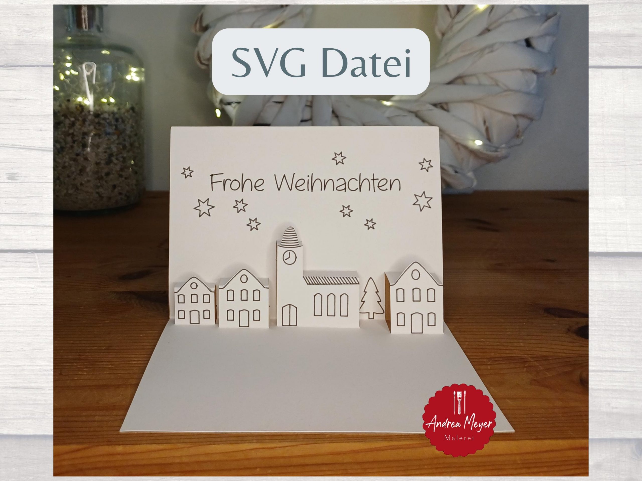 SVG Pop-up Weihnachtskarte mit Umschlag | Cricut & Silhouette | Plotterdatei Frohe Weihnachten Dorf mit Kirche 2 Handgefertigte Weihnachtskarte mit Papierhäuser, Weihnachtsbaum und Handzeichnung, Andrea Meyer Malerei.