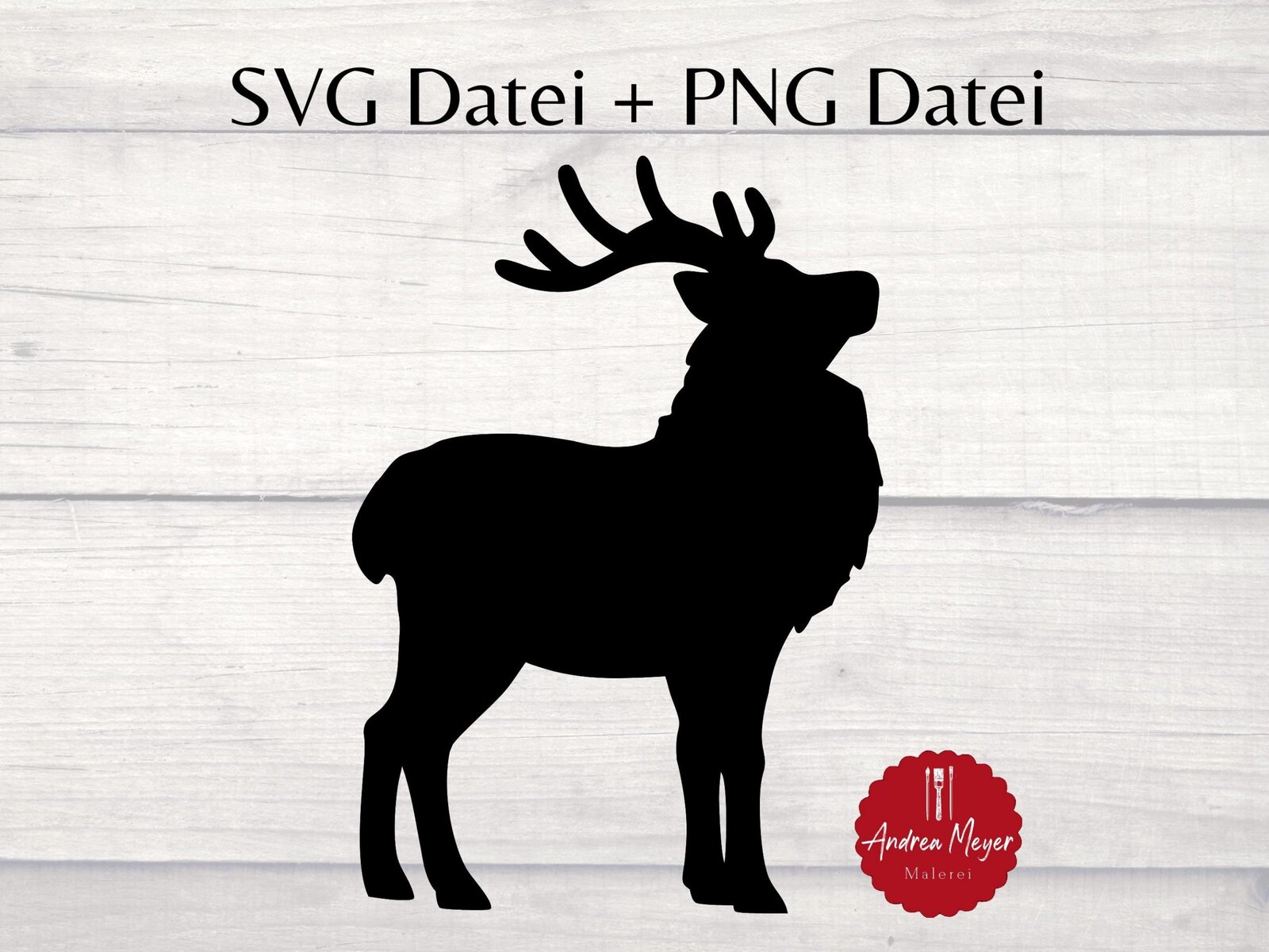 Hirsch Plotterdatei SVG + PNG – Weihnachtsdeko, Winter Silhouette, Cricut & Silhouette Cameo, DIY Geschenke, Hirsch Design 2 Silhouette eines Hirschkopfes auf weißem Holz Hintergrund, moderne Wandgestaltung.