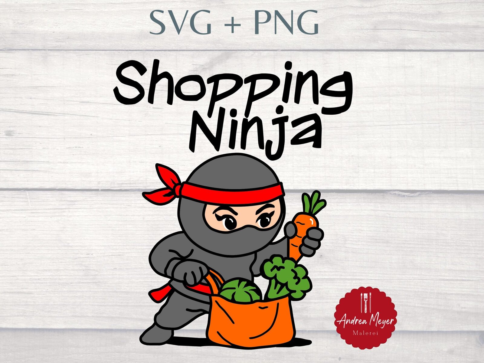 Shopping Ninja SVG PNG – Lustiges Gemüse Ninja Motiv zum Plotten, Cute Funny Food Design für Cricut & Silhouette, Einkauf Humor Clipart 1 Farbige cartoon ninja mit einkaufstasche, kunst, kreativ, illustration, Andrea Meyer Malerei.