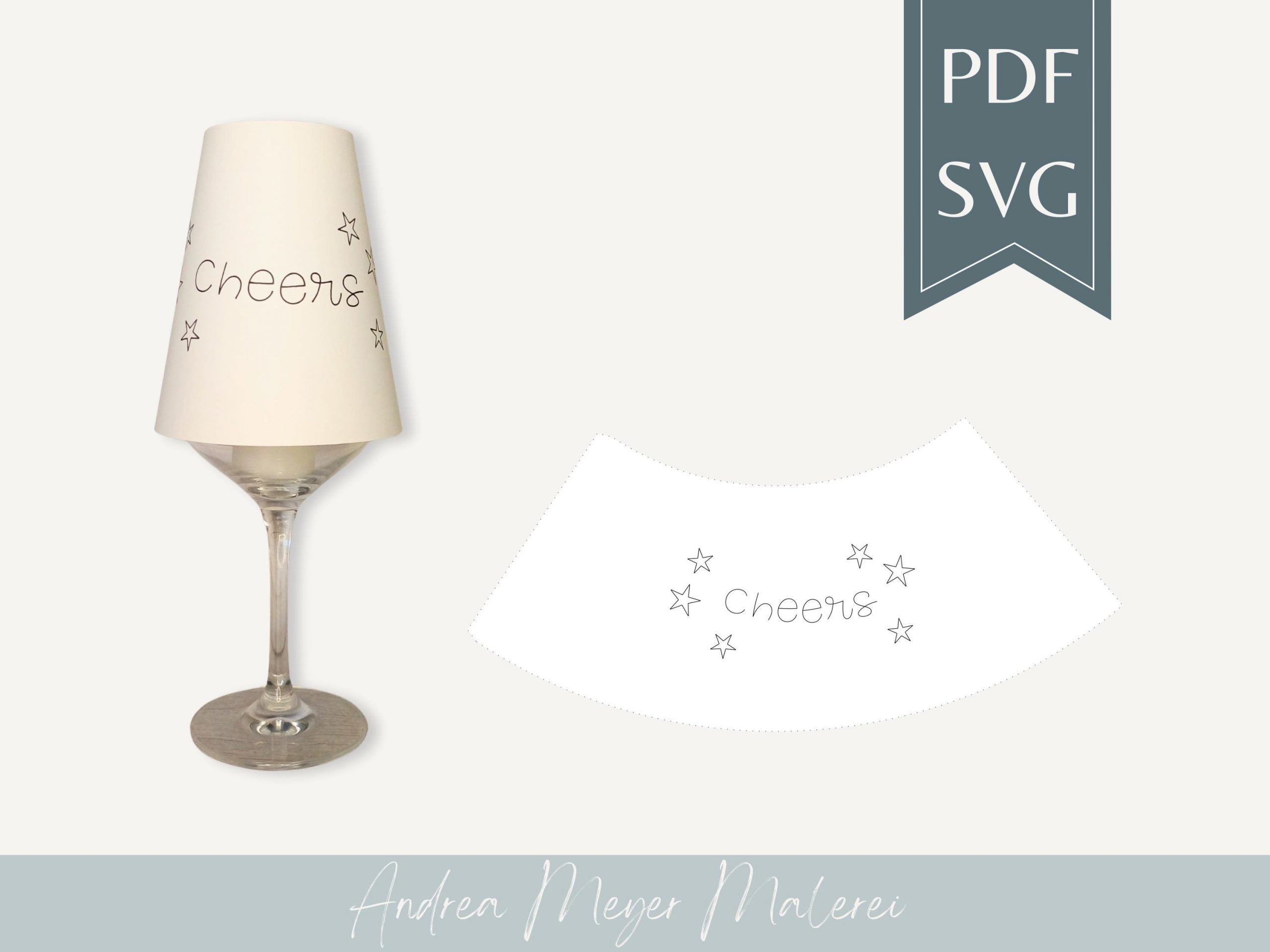 Cheers Lampenschirm SVG & PDF für Weinglas • Party Plotterdatei • Wine Glass Shade • Printable A4 DIY Deko 1 Handgefertigtes Trinkglas mit "Cheers" Motiv und Sternen, perfekte Geschenkidee für Freunde.