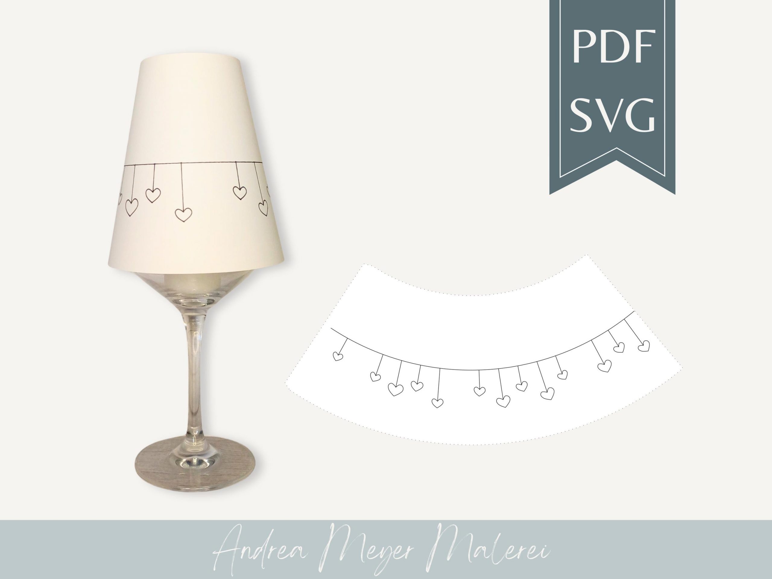 Herzgirlande Lampenschirm SVG & PDF für Weinglas • Plotterdatei Herzen • DIY Tischdeko A4 1 Verspielte Lampenschirm mit Herzhängen, handgemalte Dekoration, kreative Lampenidee.