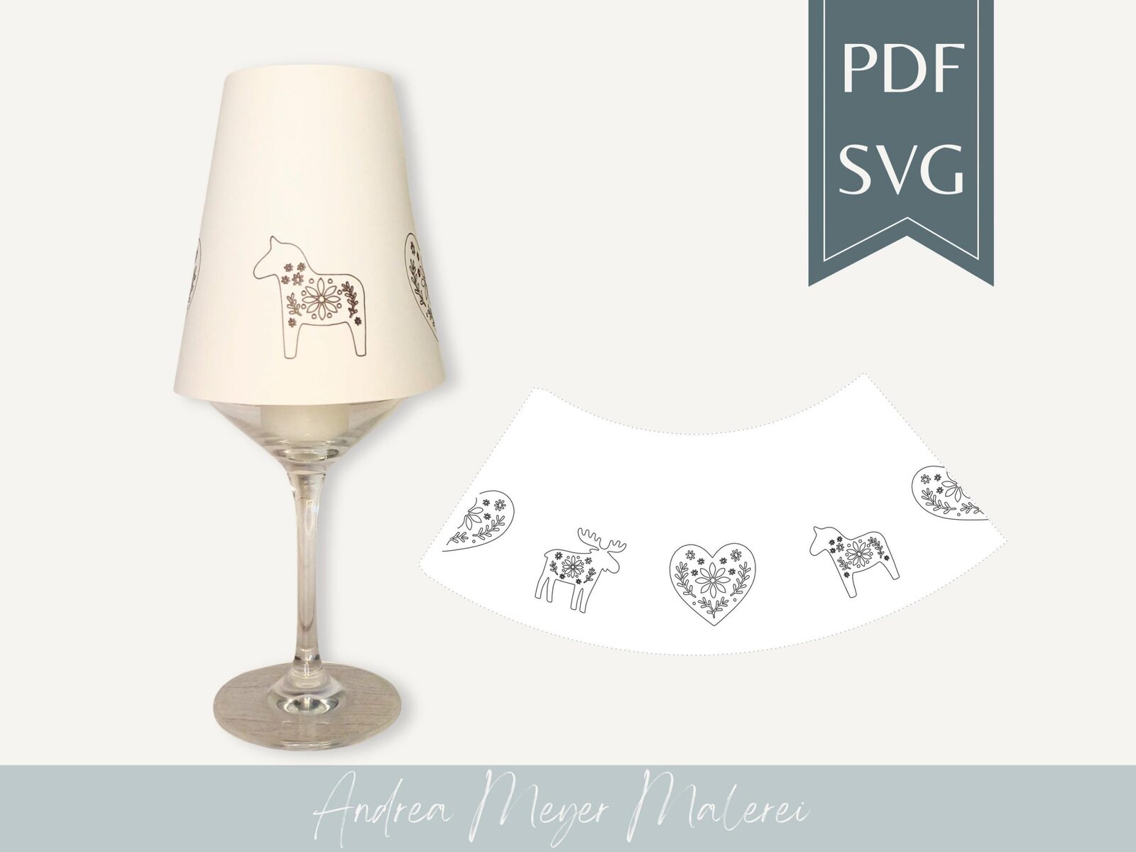 Skandi Lampenschirm SVG & PDF für Weinglas • Plotterdatei Folk Art • Herz Pferd Elch • Hygge Deko A4 DIY 2 Handbemalte Laterne mit Elch- und Herz-Motiven, skandinavisches Design, Wanddekoration, Geschenkidee.