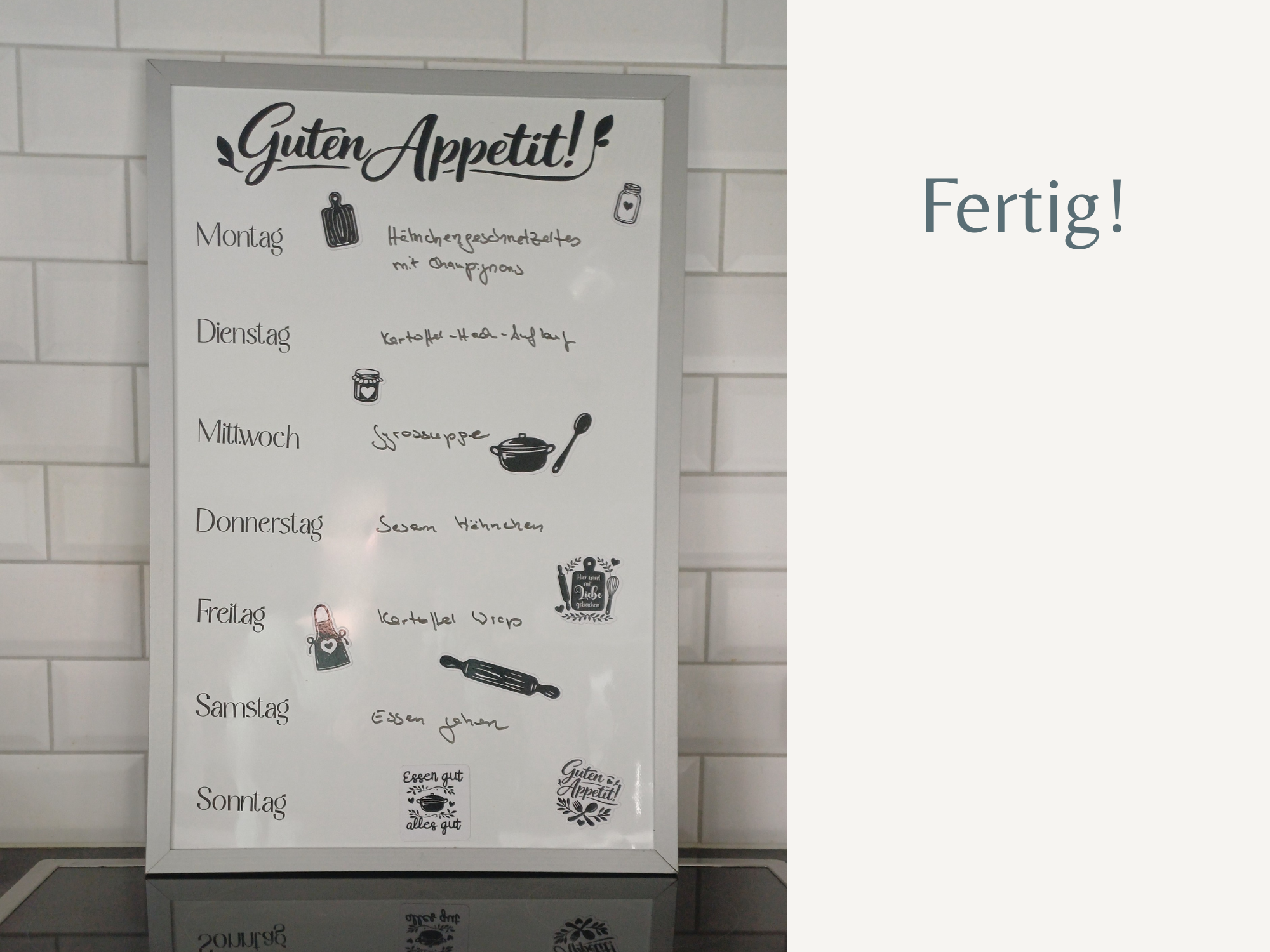 Fertiger selbst gemachter Menüplan mit Whiteboard, Wochenplan und wechselbaren Küchenmagneten