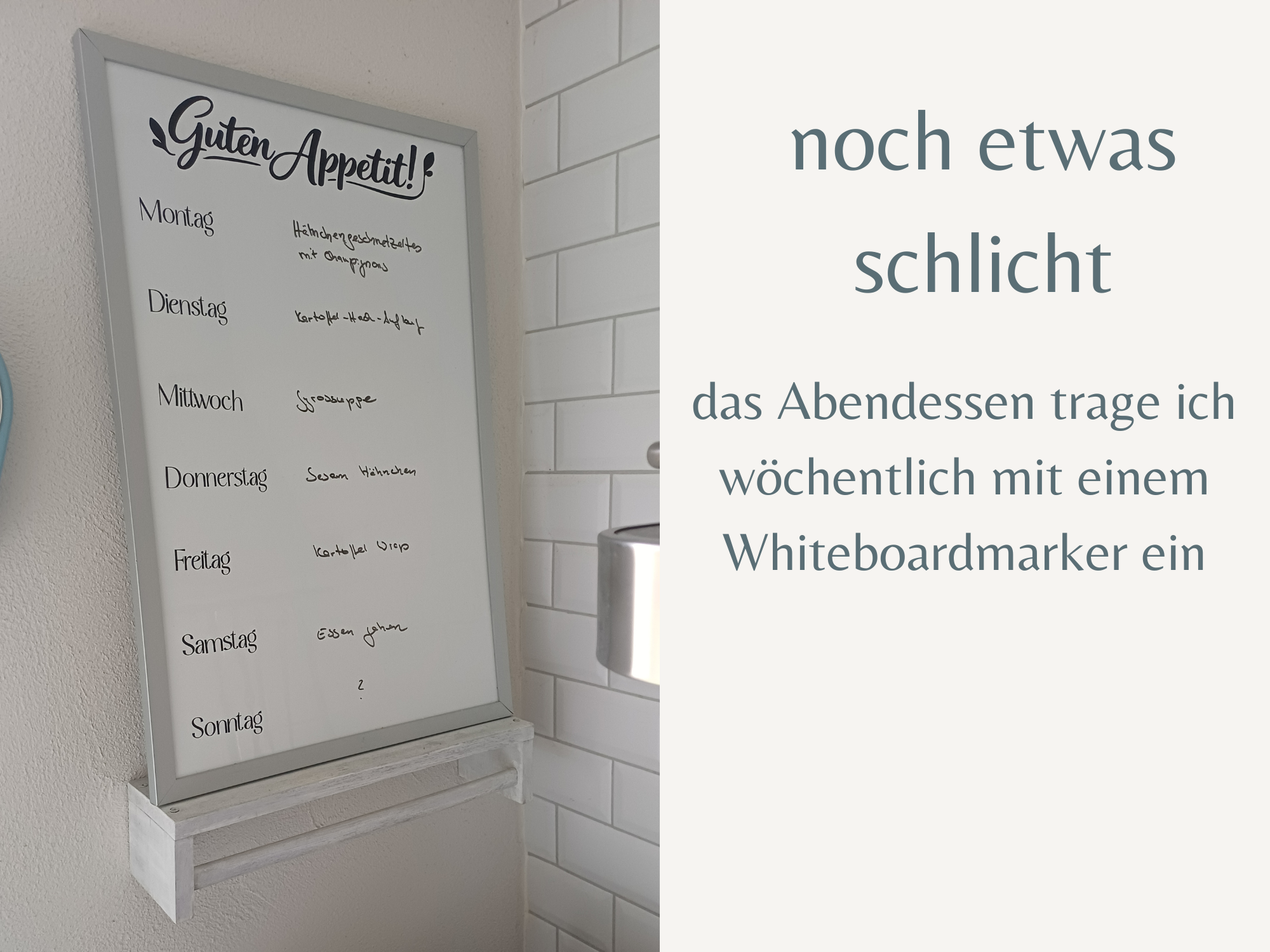 Selbst gemachter Menüplan für die Küche mit magnetischem Whiteboard, geplotteten Wochentagen und dekorativen Küchenmotiven