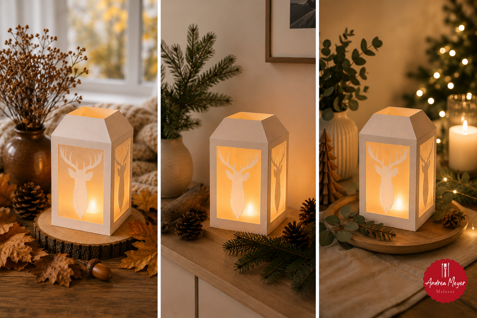 Hirsch-Laterne selber machen – Plotterdatei für DIY-Deko 10 Drei stimmungsvolle Varianten einer leuchtenden Hirsch-Laterne in herbstlicher, winterlicher und weihnachtlicher Dekoration.