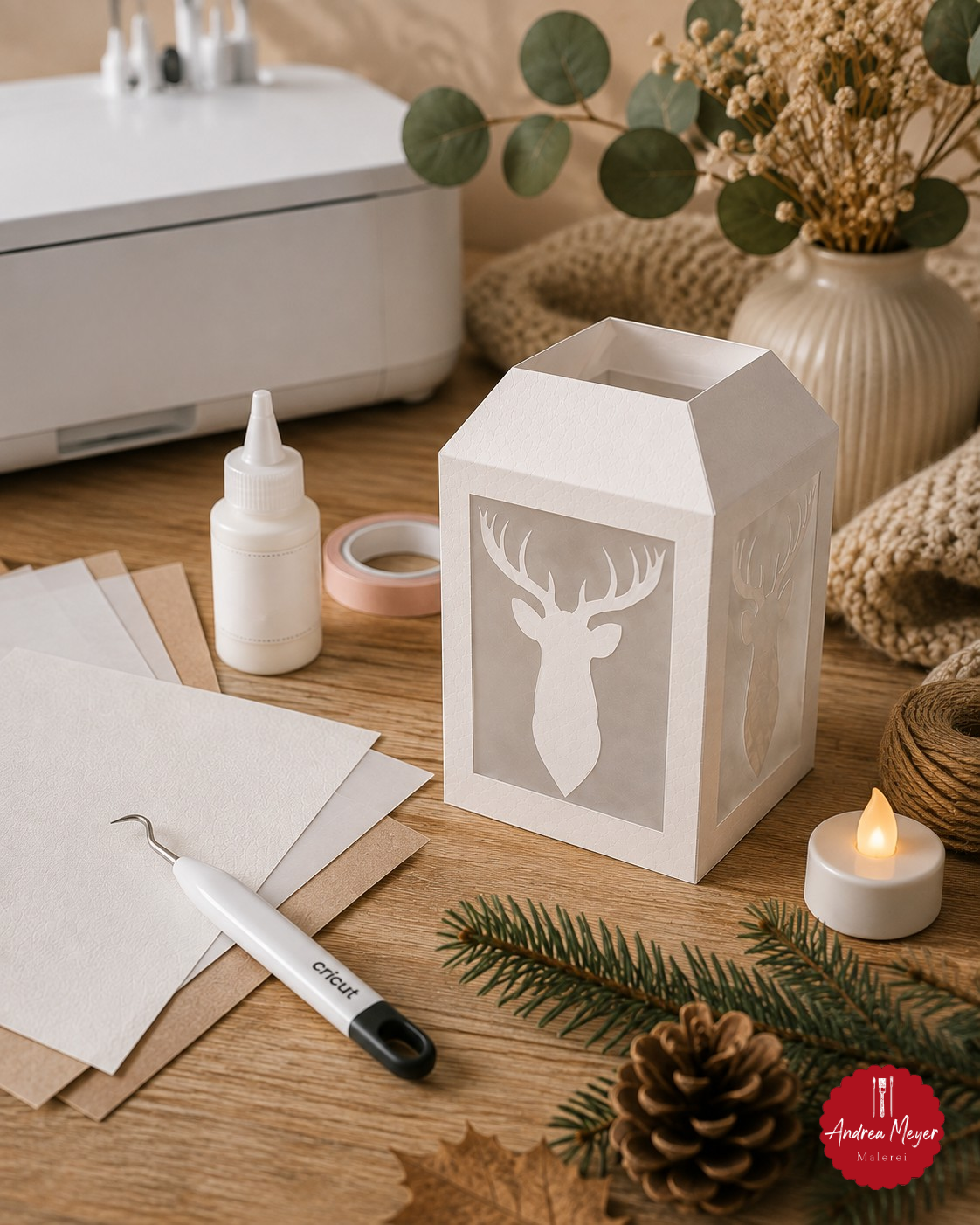 Hirsch-Laterne selber machen – Plotterdatei für DIY-Deko 5 Hirsch-Laterne aus Papier auf einem kreativen Basteltisch mit Papier, Bastelwerkzeug und Plotter im Hintergrund – eine DIY-Idee zum Selbermachen.