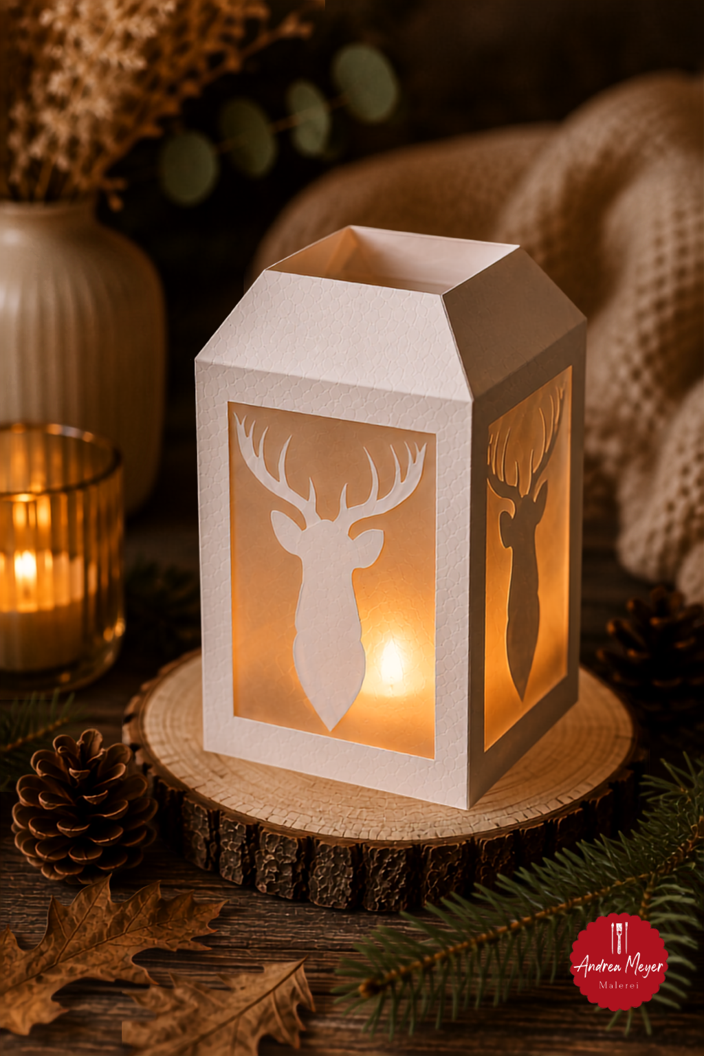 Hirsch-Laterne selber machen – Plotterdatei für DIY-Deko 7 Leuchtende weiße Hirsch-Laterne aus Papier mit warmem LED-Licht, Tannenzweigen, Zapfen und Herbstblättern als gemütliche saisonale Dekoration.
