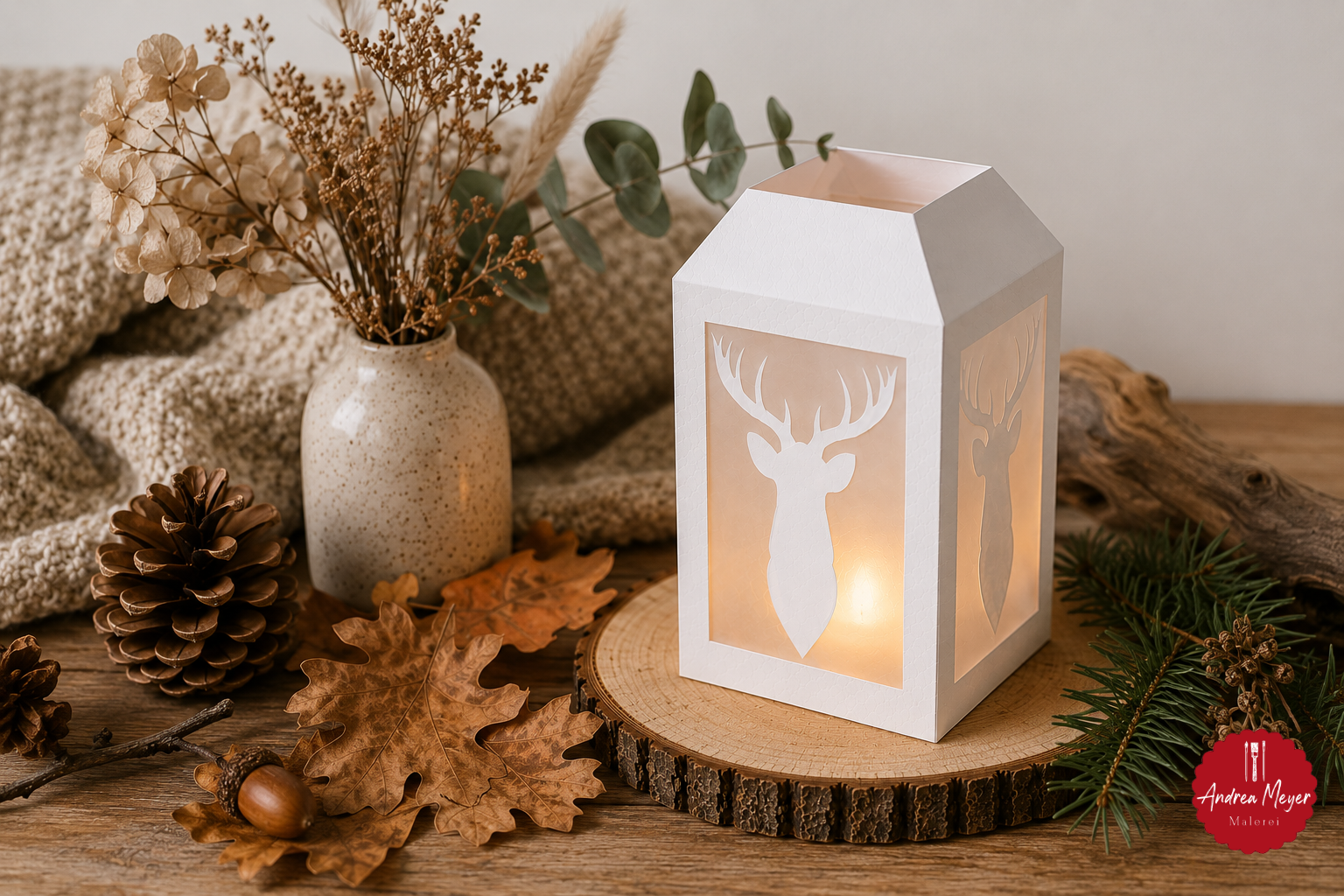 Hirsch-Laterne selber machen – Plotterdatei für DIY-Deko 8 Leuchtende Hirsch-Laterne als natürliche Herbst- und Winterdekoration auf einer Holzscheibe, umgeben von Zapfen, Blättern, Zweigen und getrockneten Blumen.